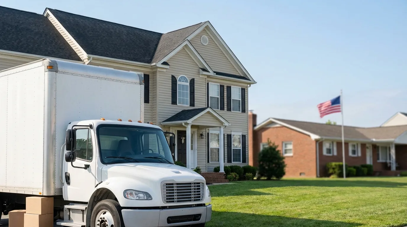 Moving crew loading furniture into a branded moving truck in front of a Virginia Beach home near a military installation