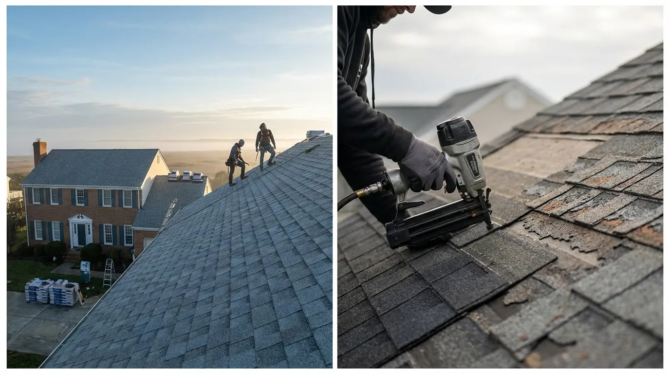 Roofing contractor working on an aging asphalt shingle roof of a Virginia Beach, VA Colonial-style home