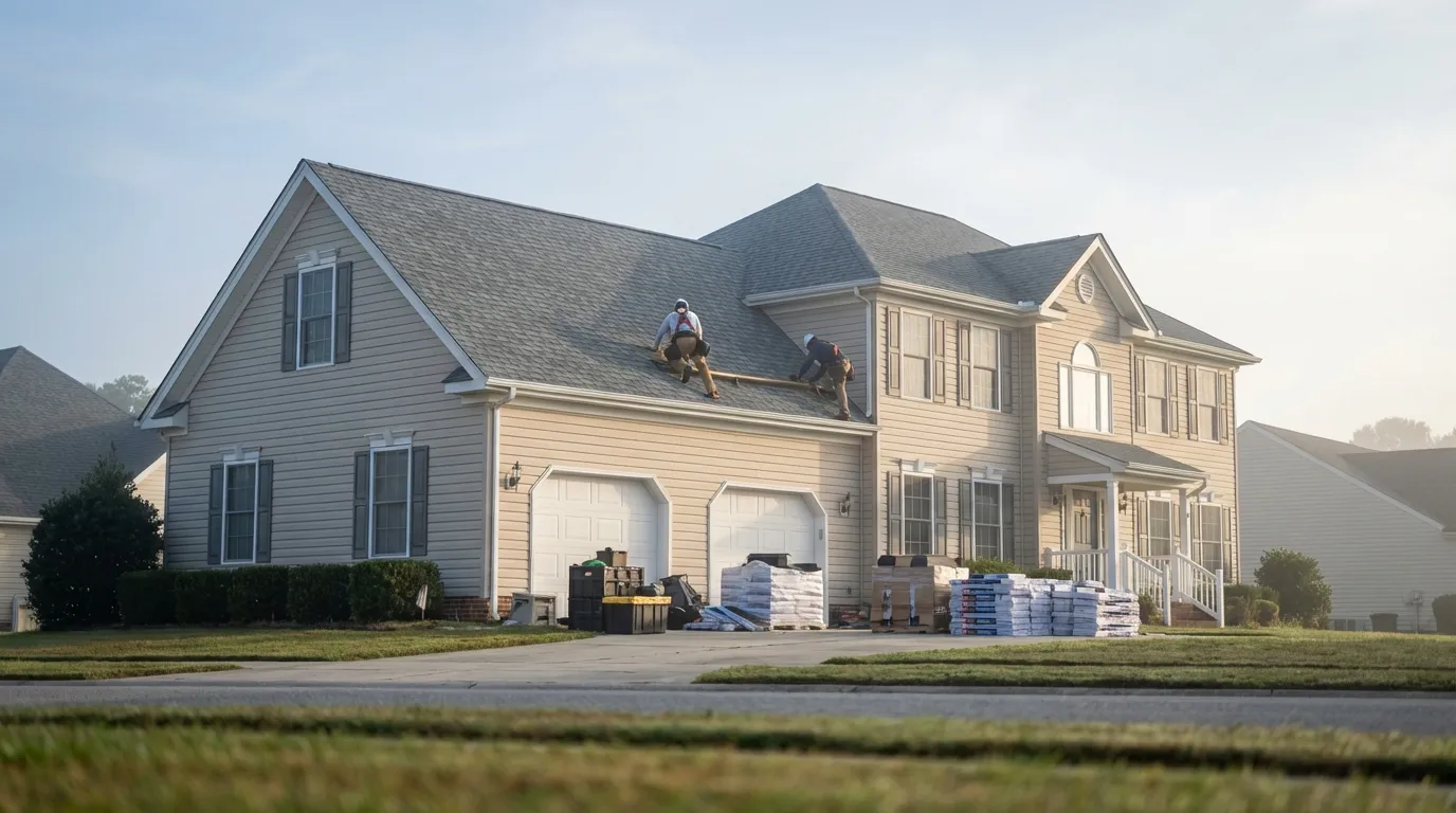 Roofing contractor working on an aging asphalt shingle roof of a Virginia Beach, VA Colonial-style home