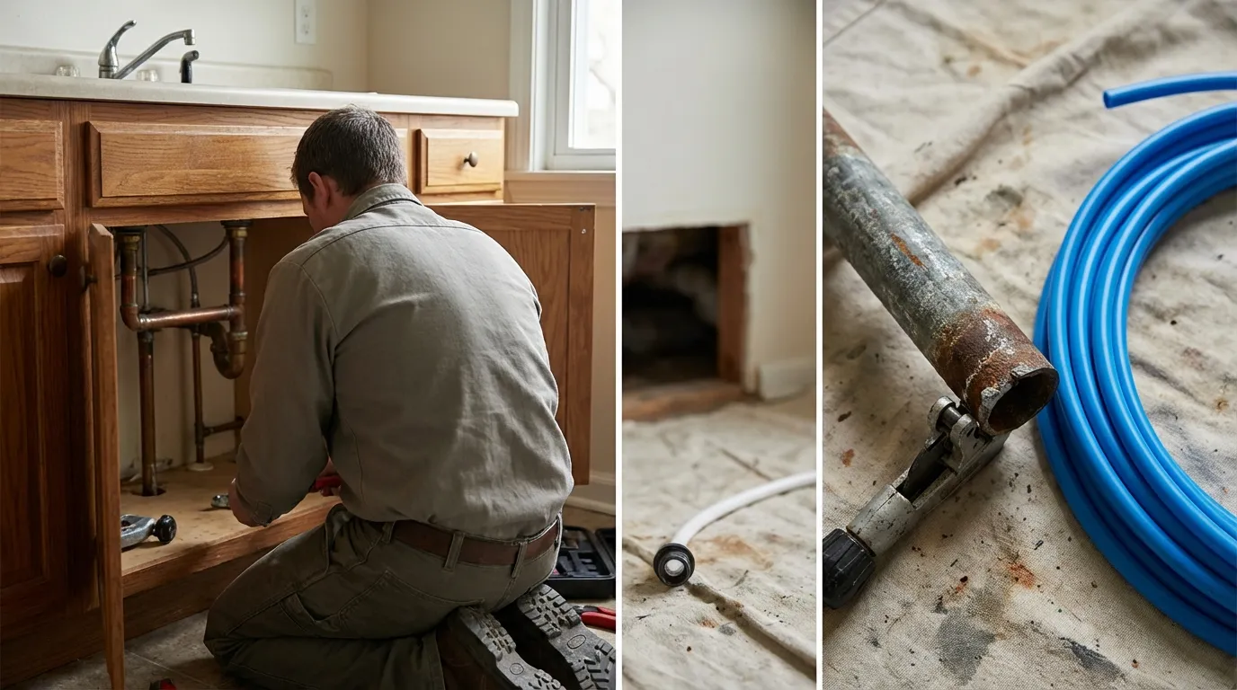 Licensed plumber working on aging galvanized pipes in a Virginia Beach, VA residential crawl space