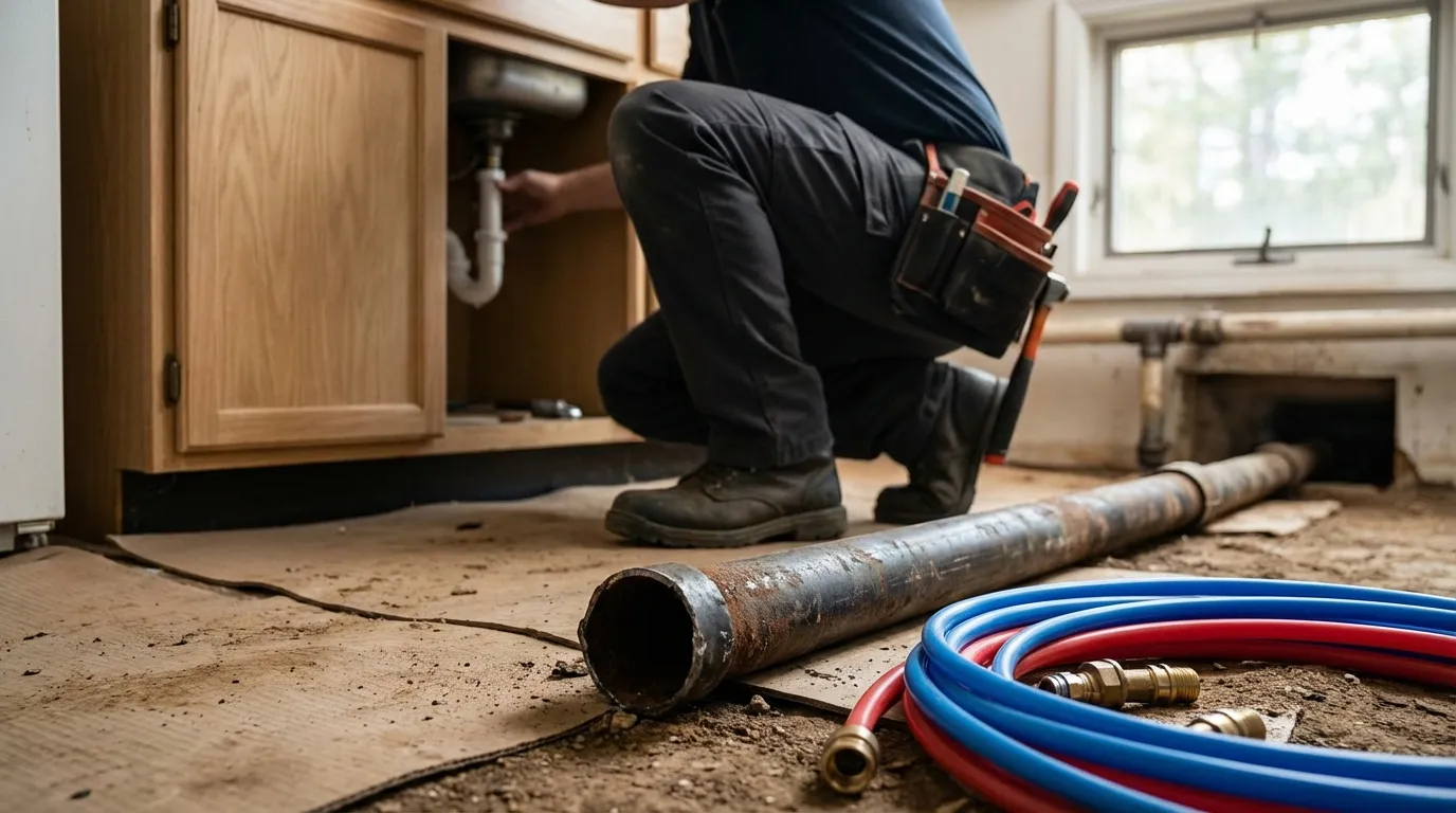 Licensed plumber working on aging galvanized pipes in a Virginia Beach, VA residential crawl space