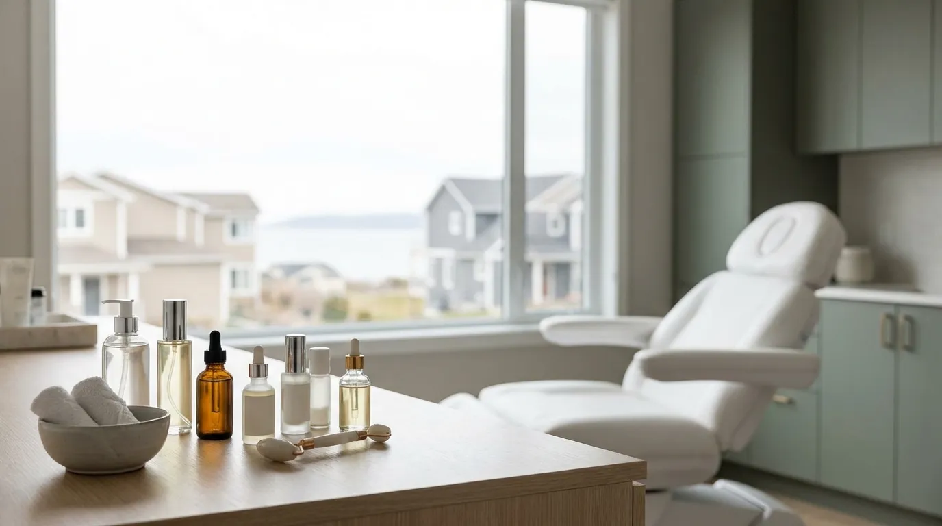 Modern medspa treatment room in a Virginia Beach, VA coastal-chic aesthetic studio with soft natural lighting