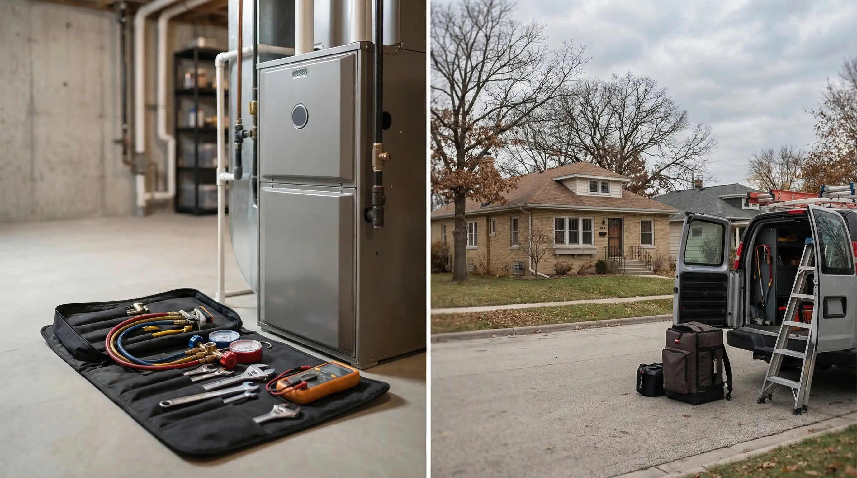 HVAC technician servicing a furnace in a Milwaukee residential home basement