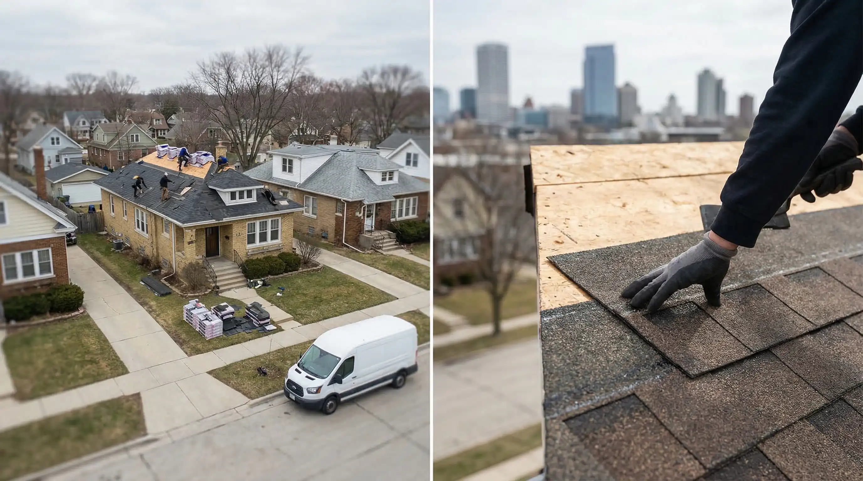 Roofing contractor replacing shingles on a Milwaukee residential home in spring