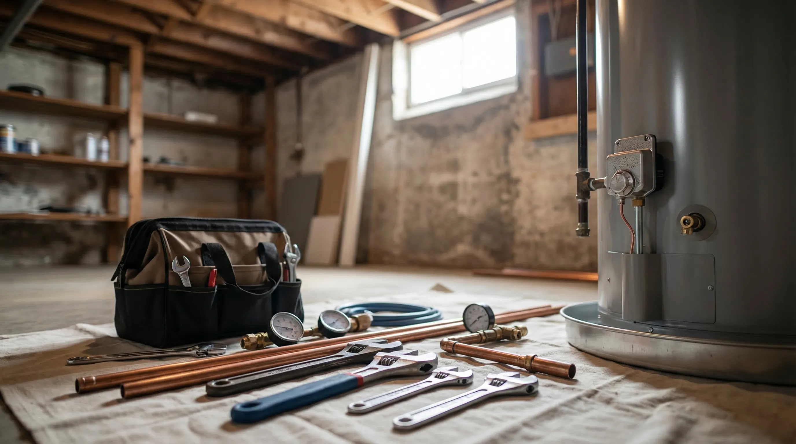 Plumber working on water heater installation in a Milwaukee residential basement