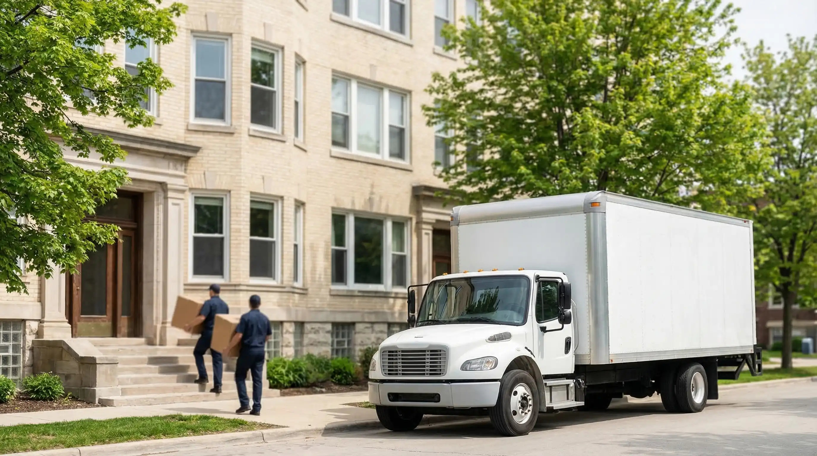 Moving truck parked in front of Cream City brick apartment building in Milwaukee, WI for moving company PPC services