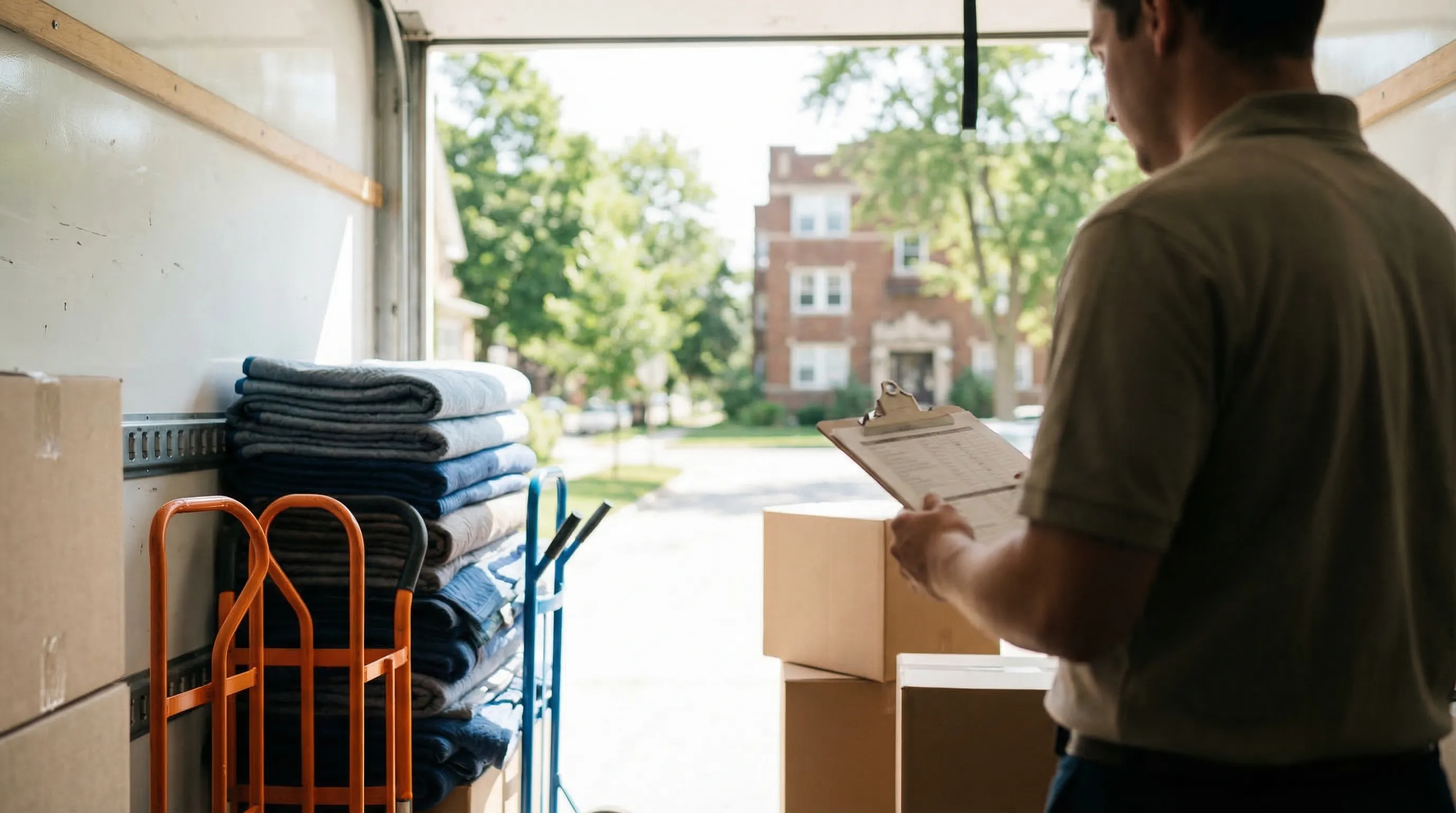 Moving truck parked in front of Cream City brick apartment building in Milwaukee, WI for moving company PPC services