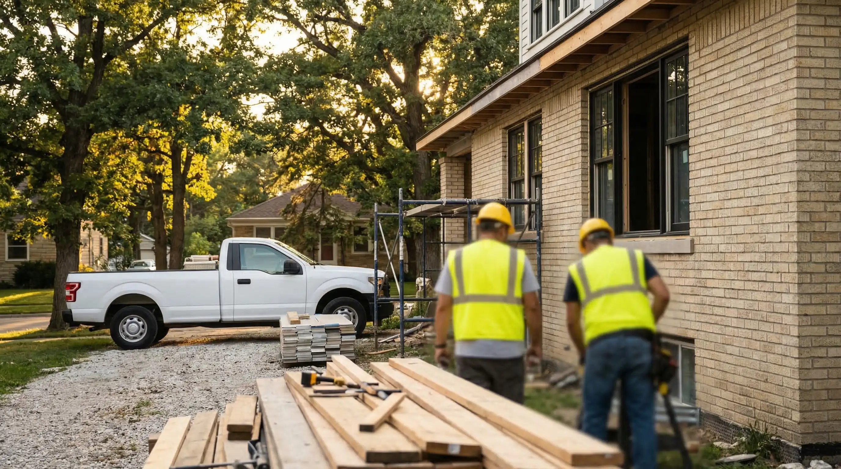 Interior kitchen remodel in progress in Milwaukee home, contractor reviewing plans with homeowner for construction PPC services