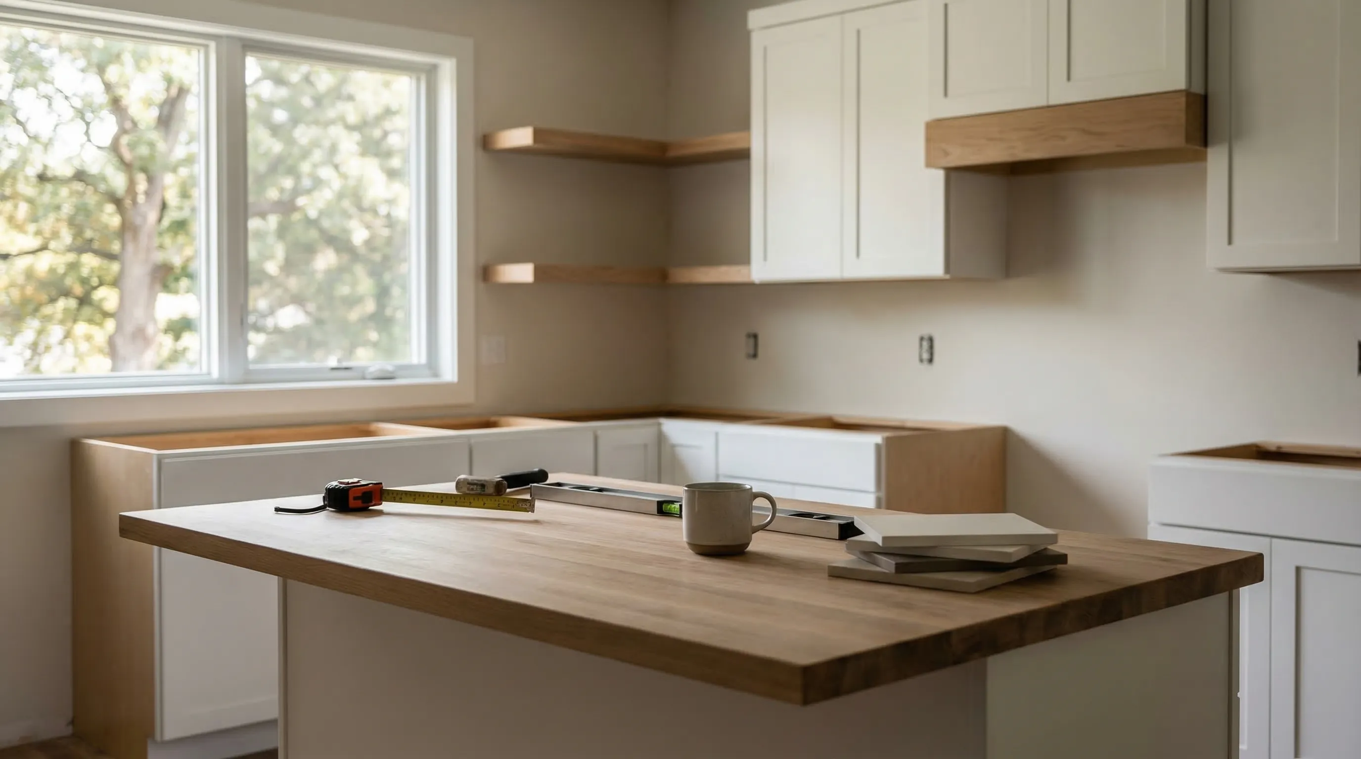 Interior kitchen remodel in progress in Milwaukee home, contractor reviewing plans with homeowner for construction PPC services