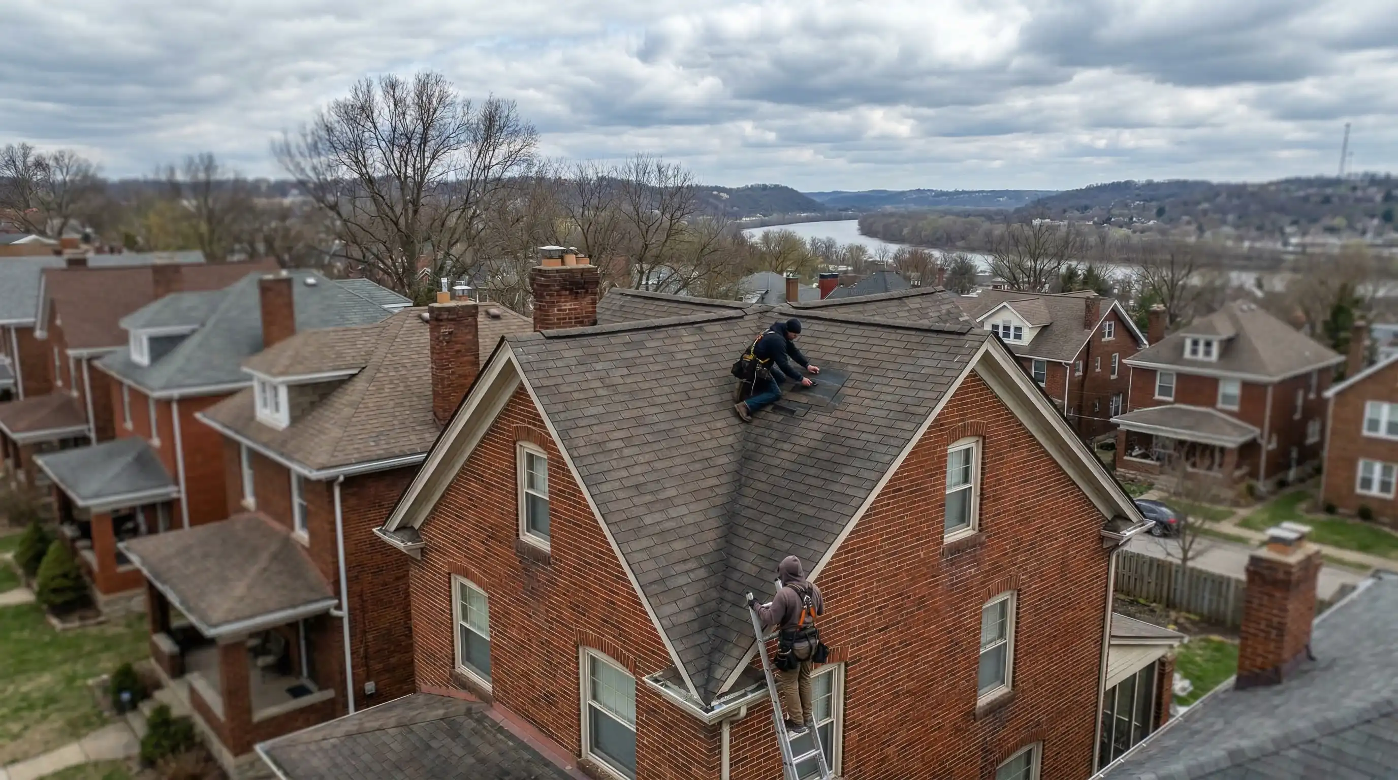Professional roofer inspecting storm damage on a brick Cincinnati home roof, Hamilton County