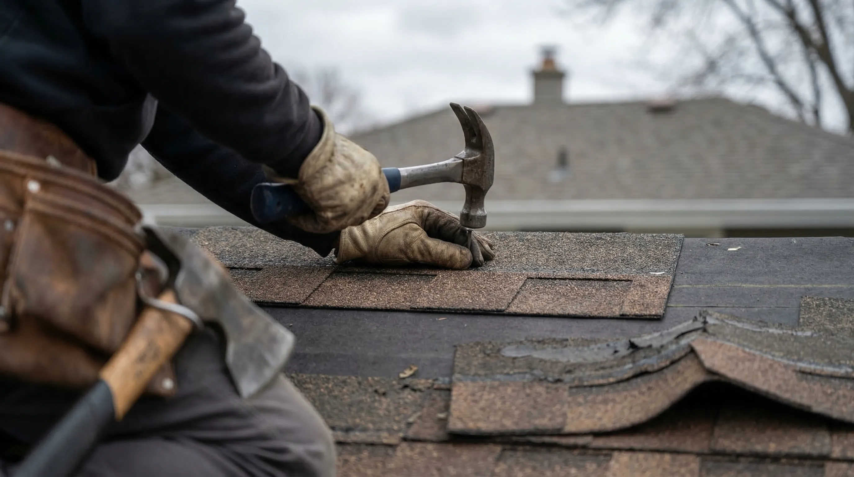 Professional roofer inspecting storm damage on a brick Cincinnati home roof, Hamilton County