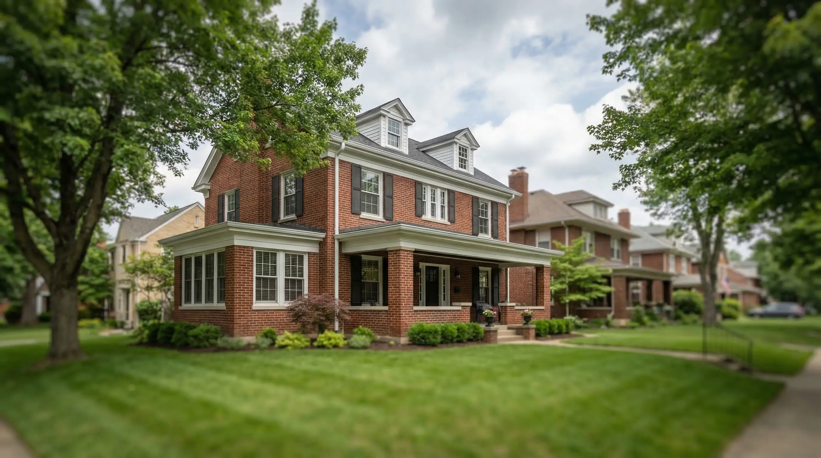 Real estate agent showing a 1920s brick colonial home for sale in Hyde Park neighborhood, Cincinnati OH