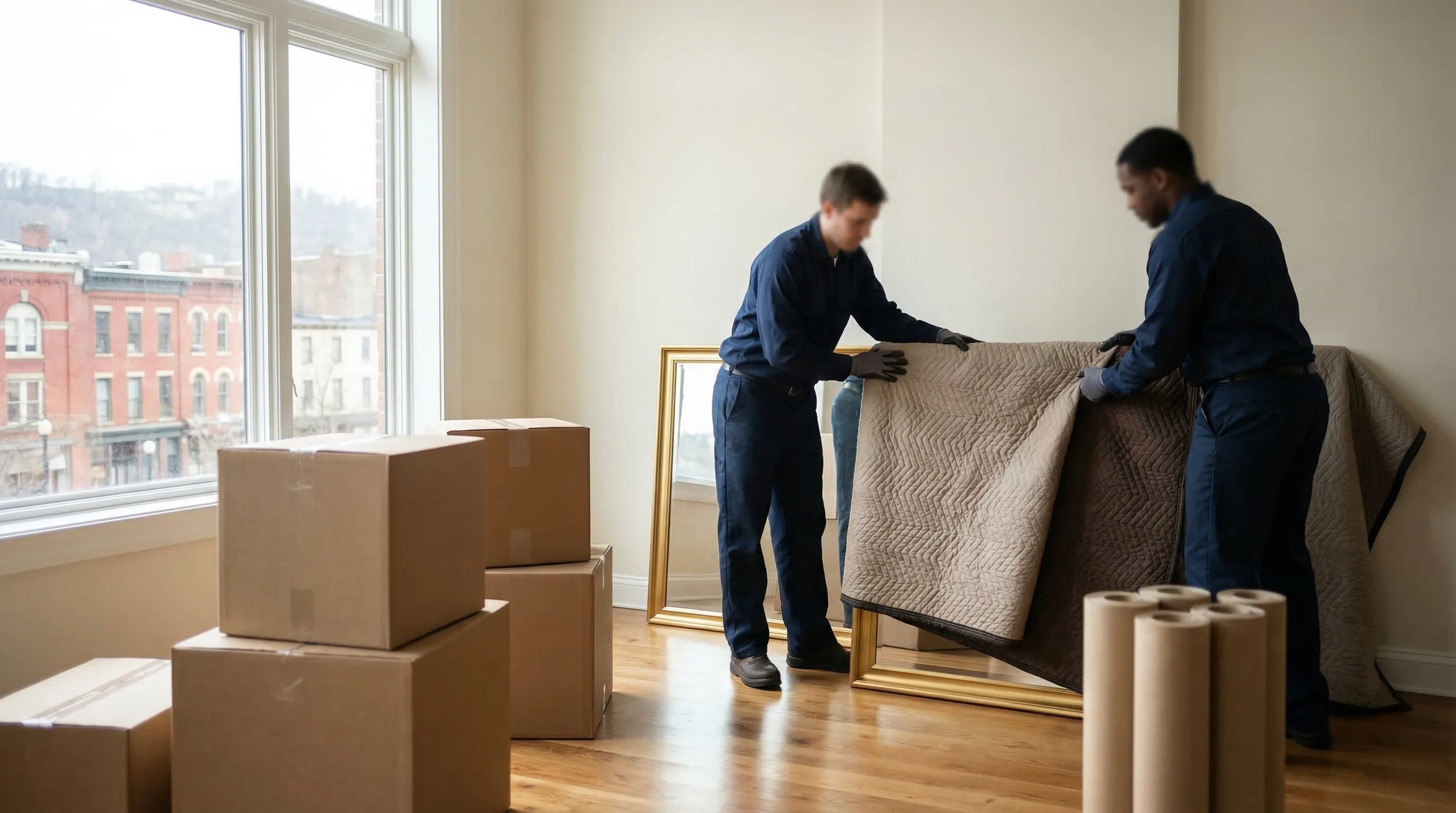Professional Cincinnati moving company crew carrying furniture from a brick home in Hyde Park neighborhood, Cincinnati, OH