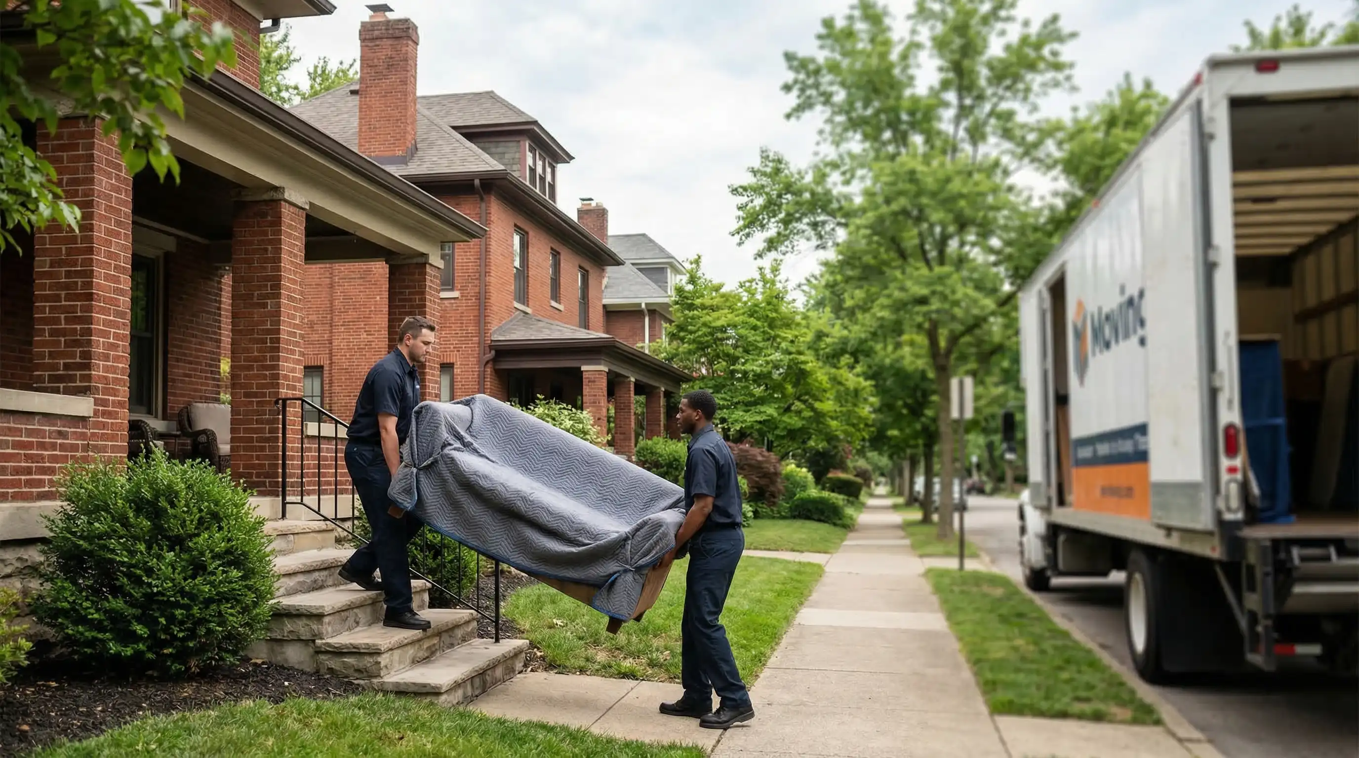 Professional Cincinnati moving company crew carrying furniture from a brick home in Hyde Park neighborhood, Cincinnati, OH