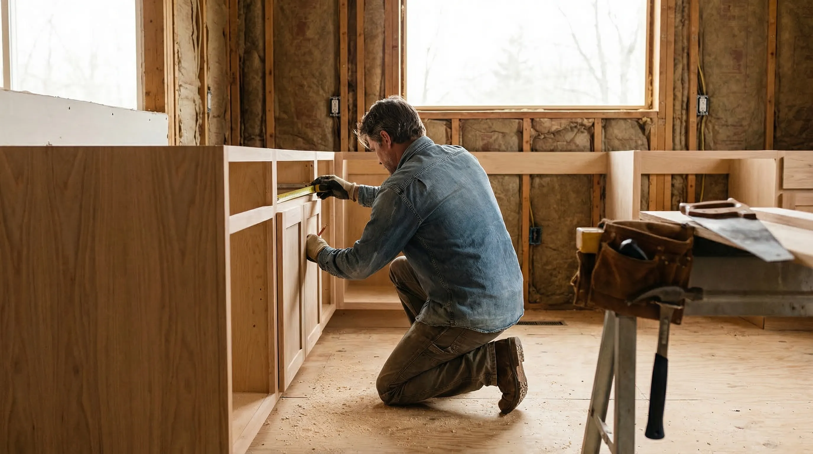 Skilled contractor installing custom cabinetry during kitchen renovation in a historic Hyde Park home in Cincinnati, OH