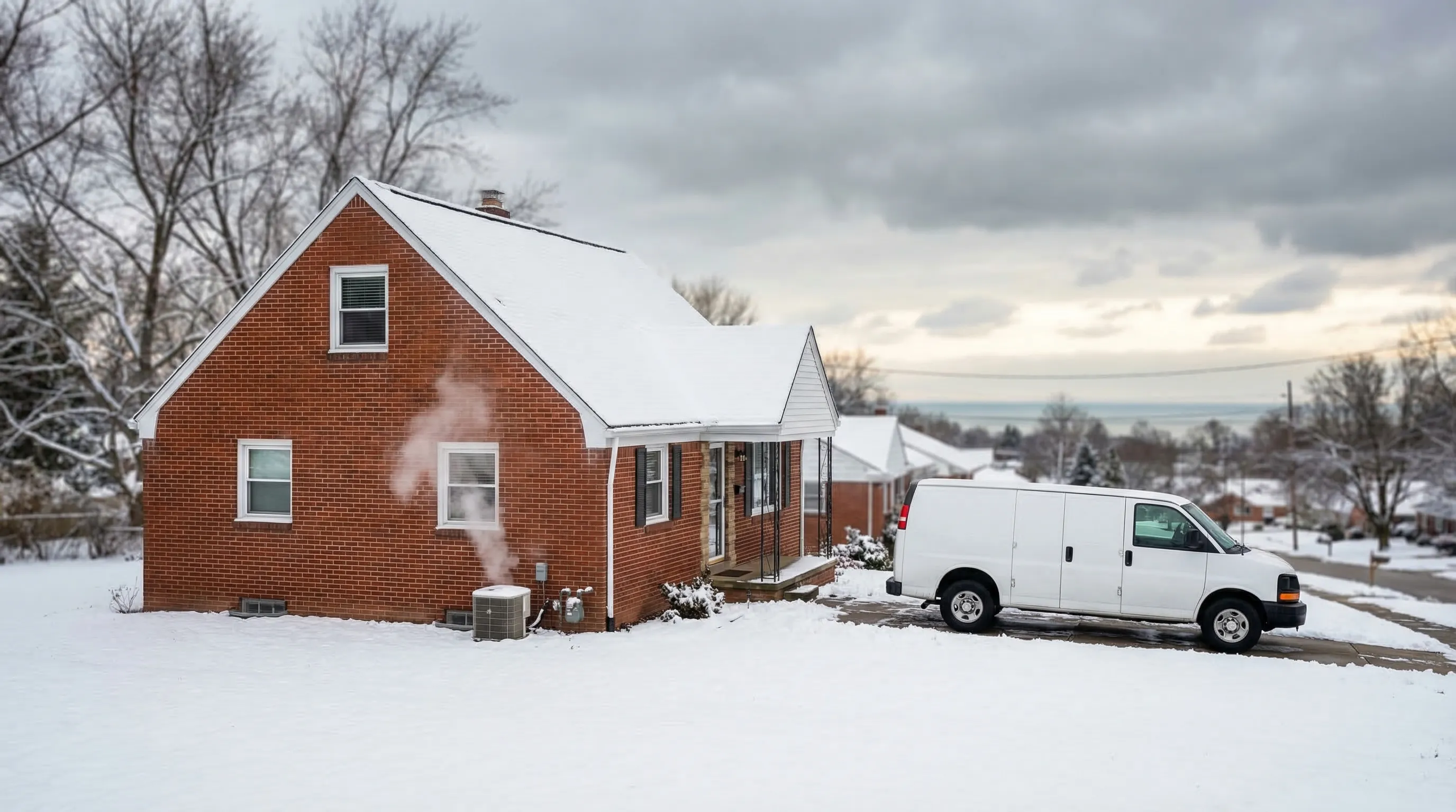 Professional HVAC technician servicing a furnace in a Cleveland, OH home basement with aging pipe infrastructure