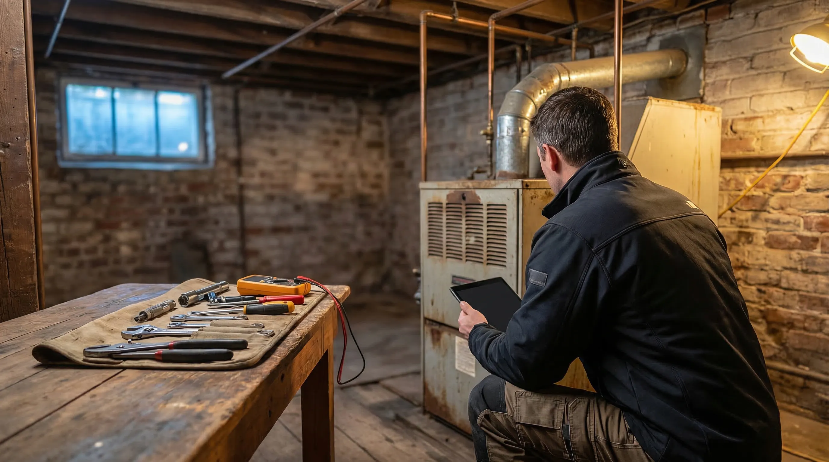 Professional HVAC technician servicing a furnace in a Cleveland, OH home basement with aging pipe infrastructure