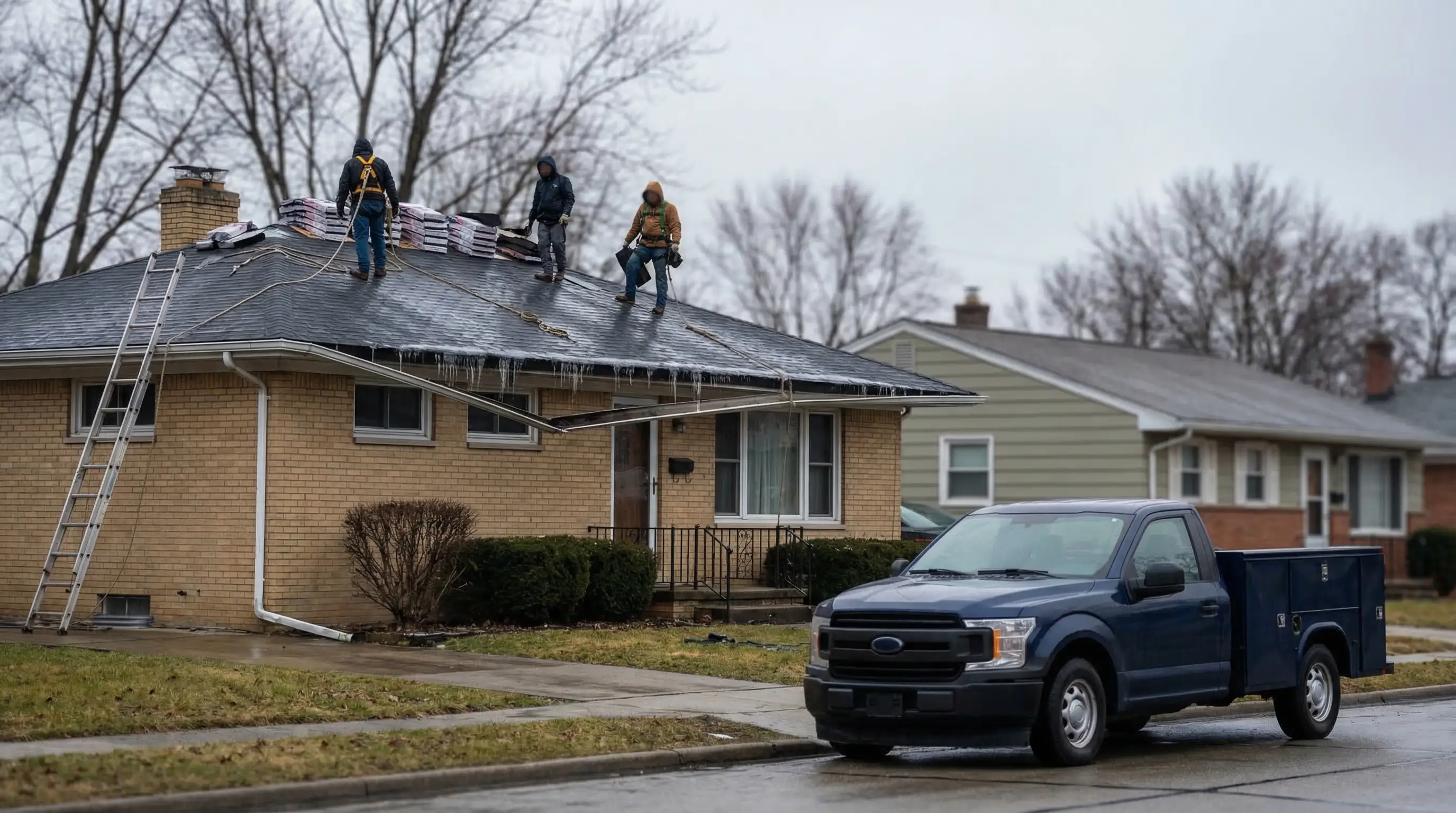 Roofing contractor inspecting storm and ice dam damage on a 1950s residential home in Cleveland, OH