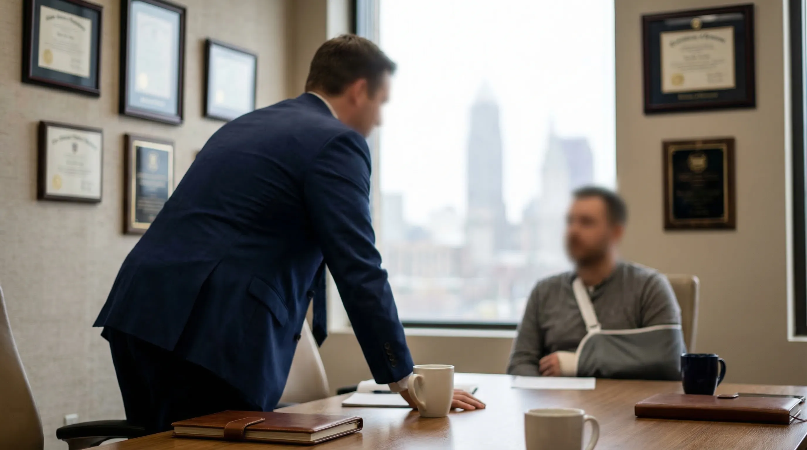 Personal injury attorney meeting with a client in a professional Cleveland, OH law office consultation room