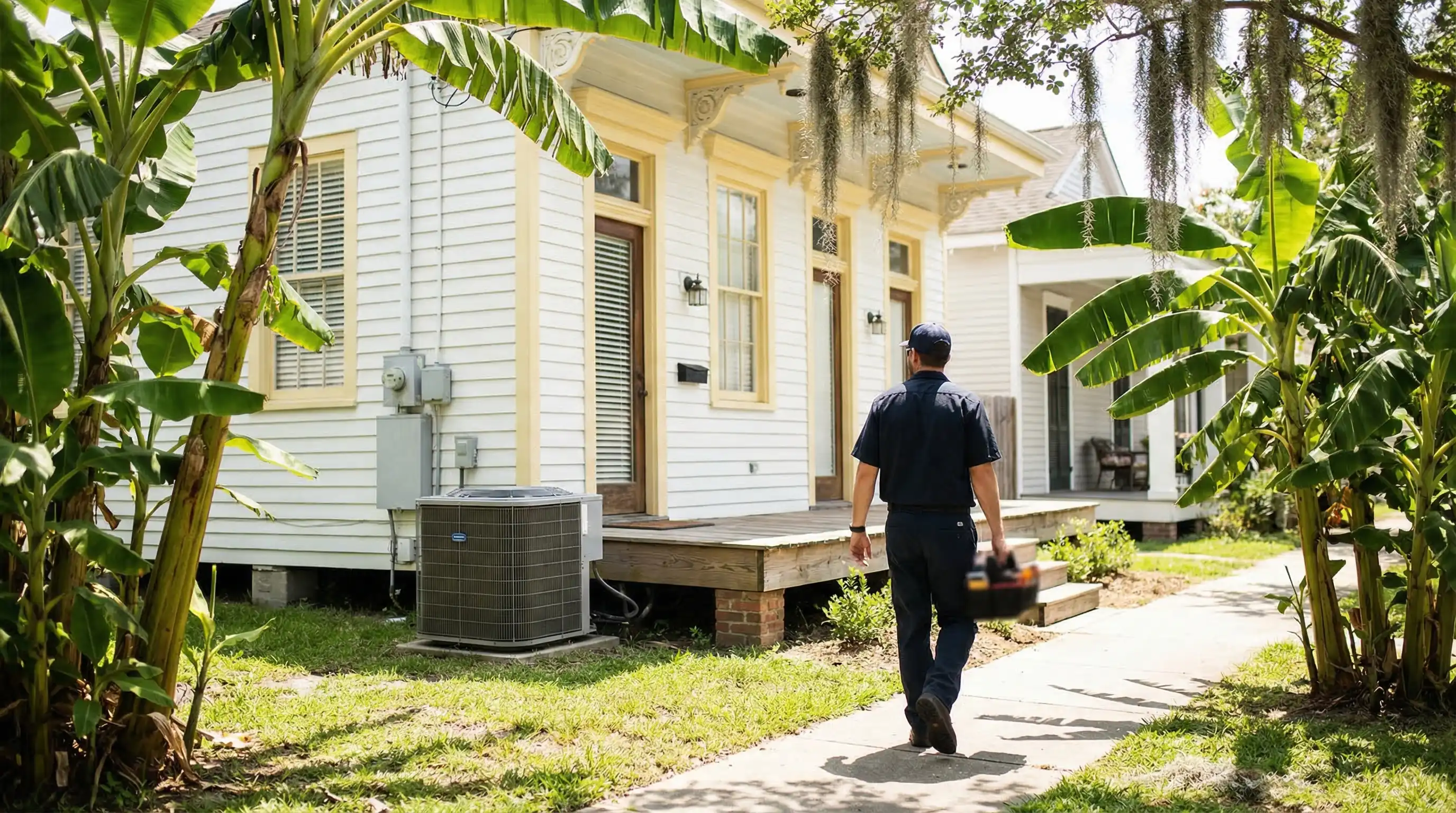 HVAC technician servicing an air conditioning unit on a classic New Orleans shotgun house in summer heat, HVAC PPC New Orleans, LA