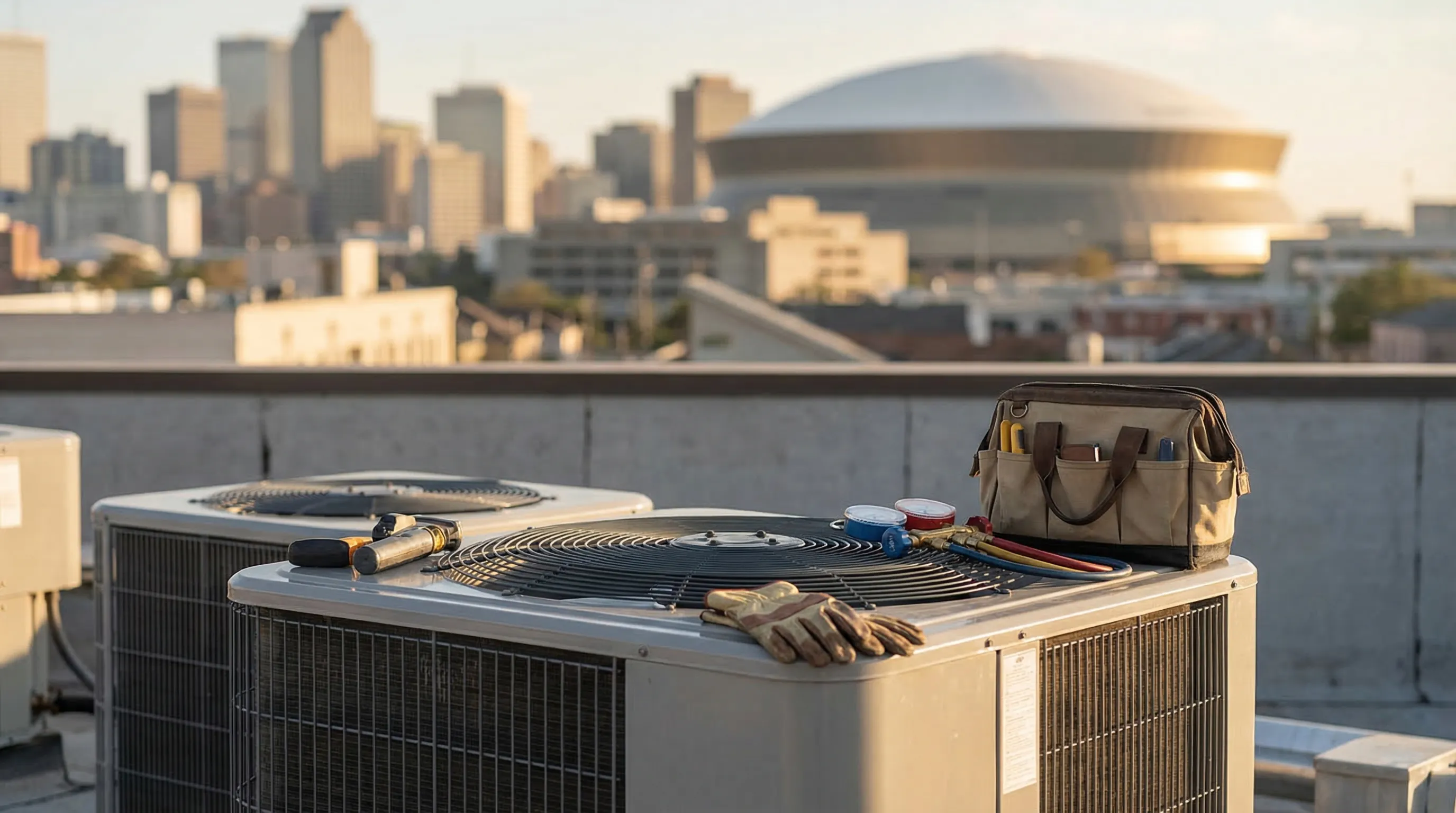 HVAC technician servicing an air conditioning unit on a classic New Orleans shotgun house in summer heat, HVAC PPC New Orleans, LA