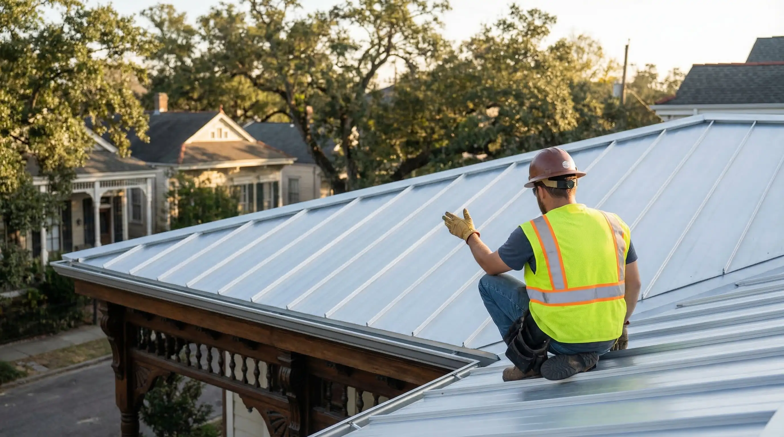 Professional roofing contractor inspecting a classic New Orleans shotgun house roof after storm damage, roofing PPC New Orleans, LA