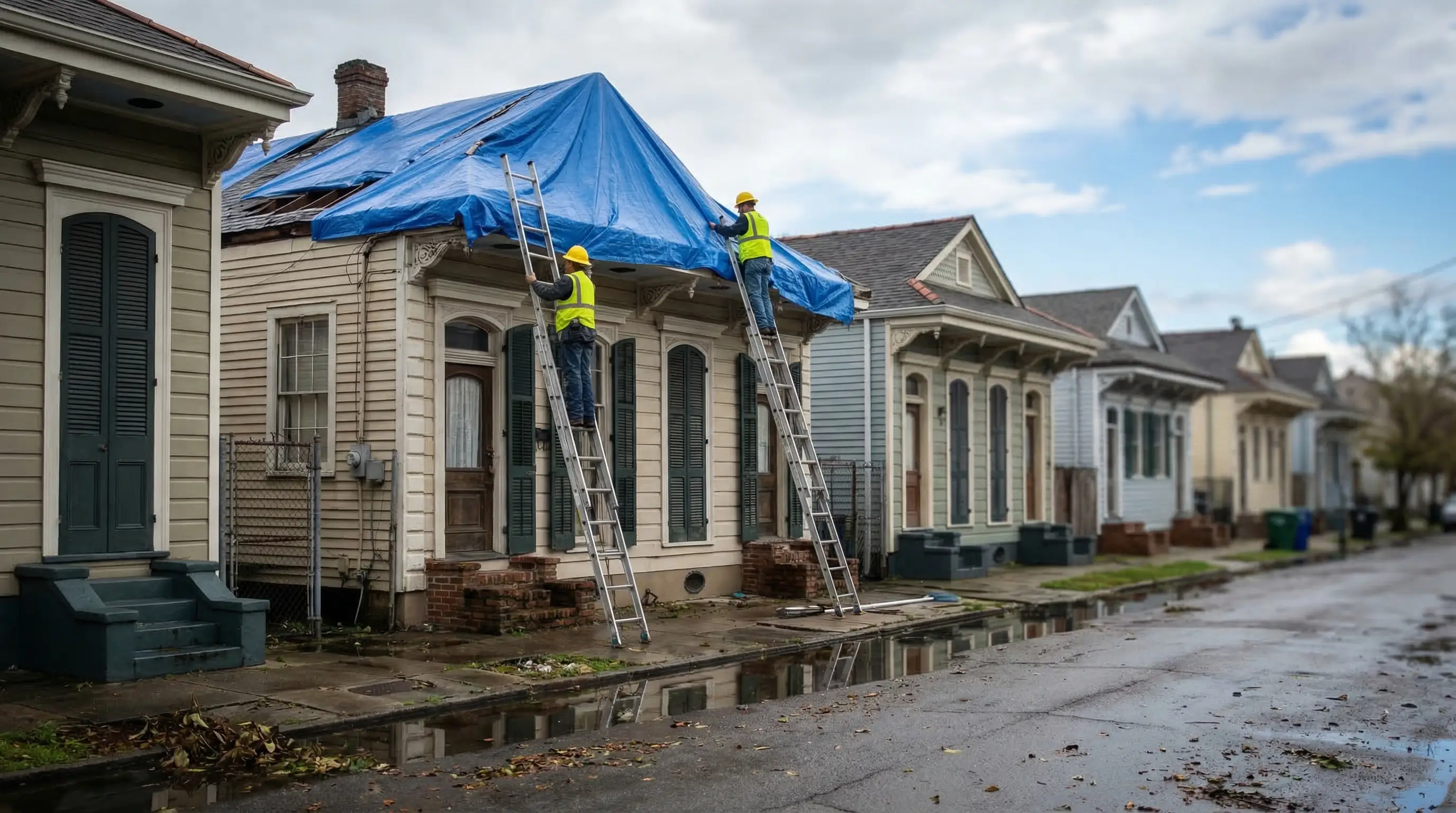 Professional roofing contractor inspecting a classic New Orleans shotgun house roof after storm damage, roofing PPC New Orleans, LA