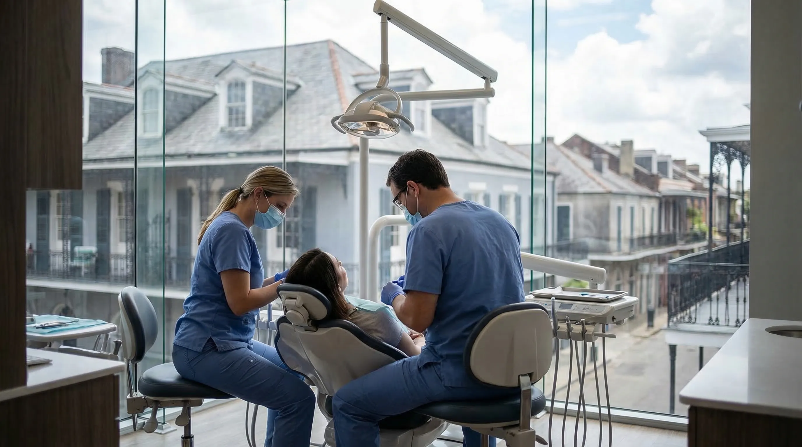 Modern dental office interior with warm lighting and view of New Orleans Canal Street neighborhood, dental PPC New Orleans, LA