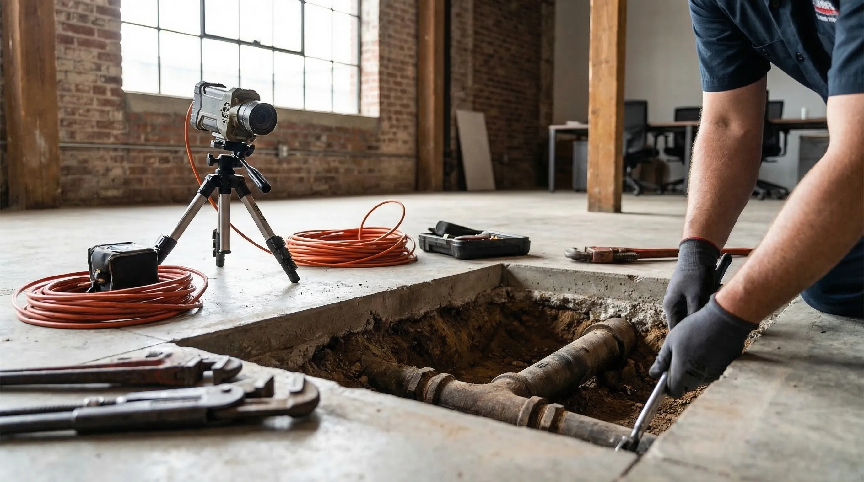 Under-slab plumbing repair in progress in a New Orleans home with concrete saw cut open and technicians using camera equipment, plumbing PPC New Orleans, LA