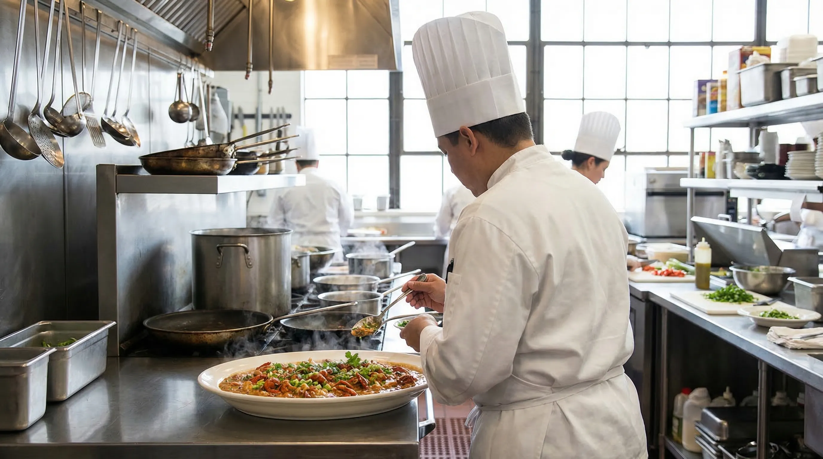 Behind-the-scenes catering prep in a professional New Orleans kitchen with chef in whites arranging a platter of Creole food for a large event, food and beverage PPC New Orleans, LA