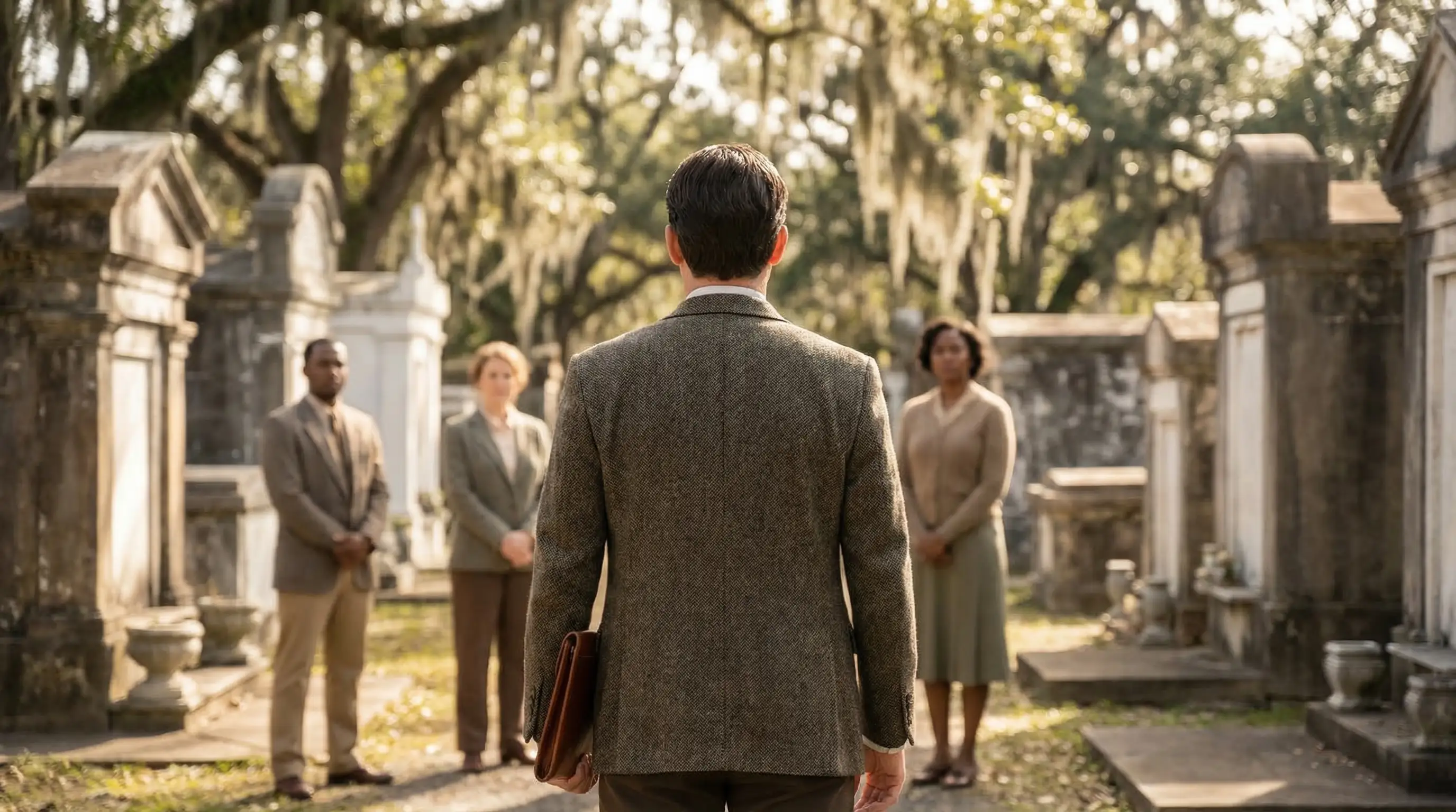 Tour guide leading a small group through a historic New Orleans above-ground cemetery with Spanish moss and afternoon light filtering through oak trees, hospitality PPC New Orleans, LA