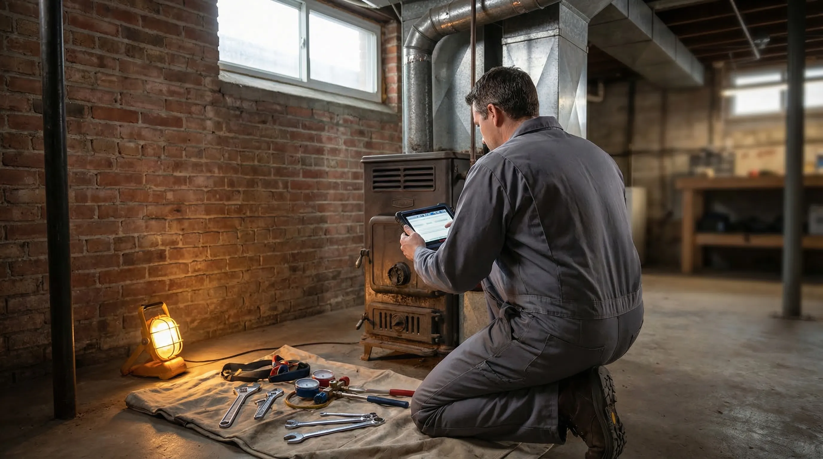 Professional HVAC technician servicing a cast-iron boiler in the basement of a pre-WWII brick home in Buffalo, NY