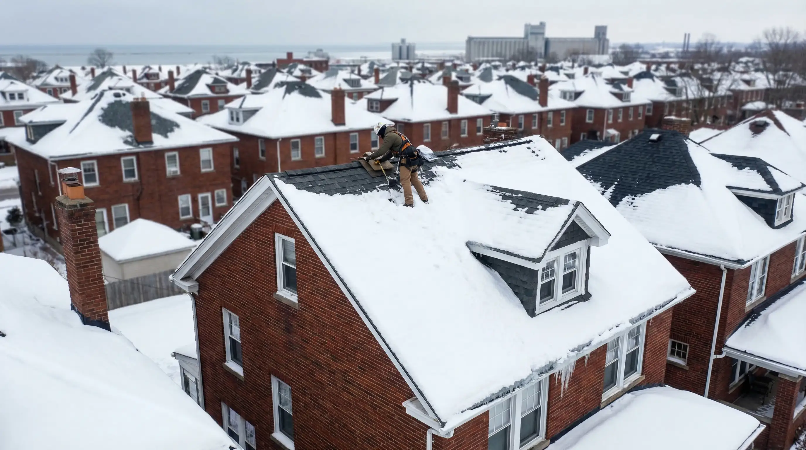 Roofing contractor in safety harness inspecting ice dam damage on a steep-pitch shingle roof during winter in Buffalo, NY