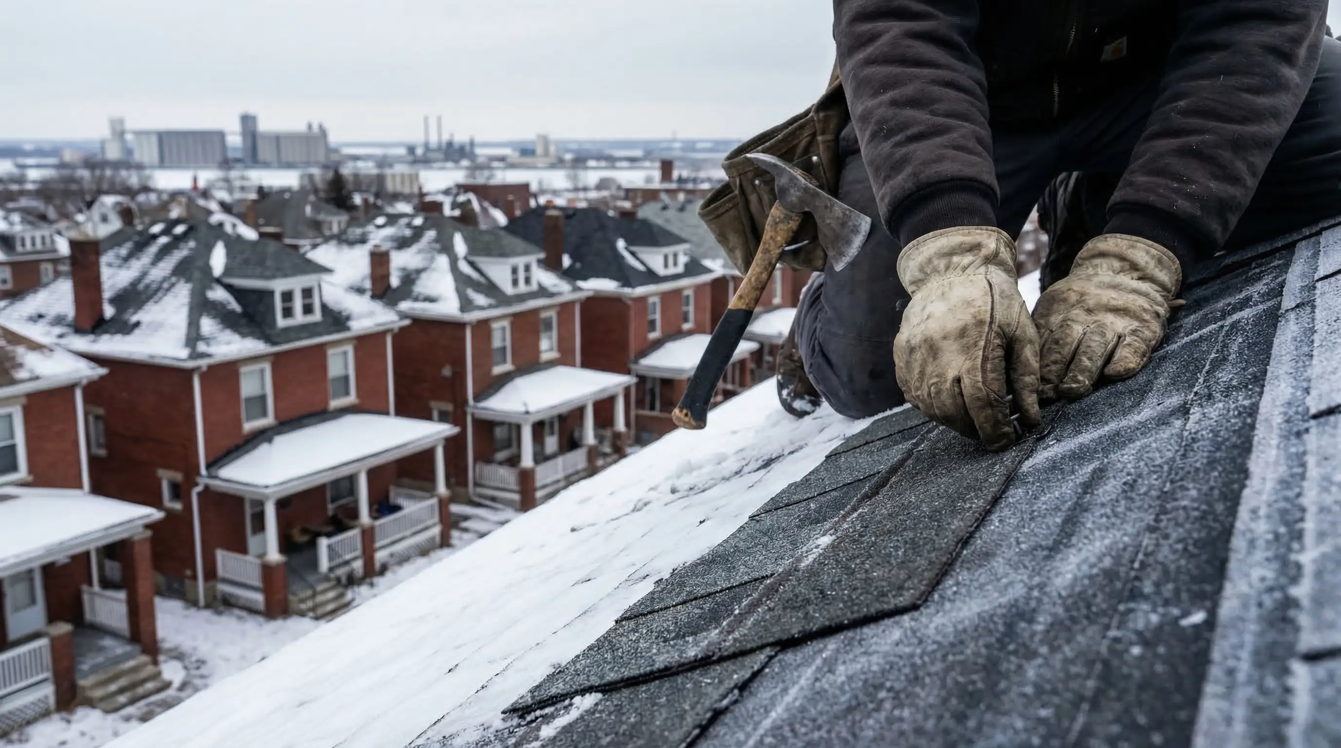 Roofing contractor in safety harness inspecting ice dam damage on a steep-pitch shingle roof during winter in Buffalo, NY