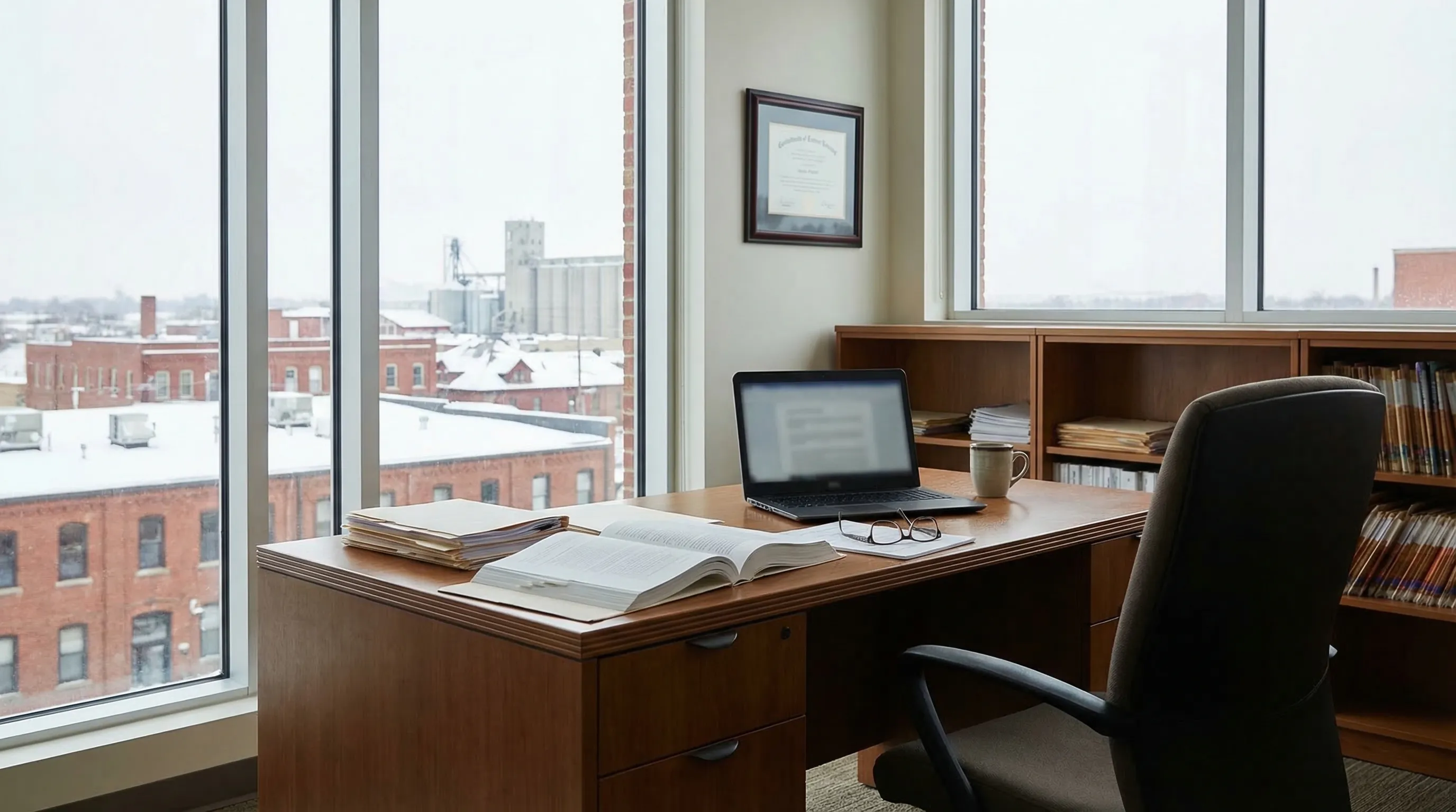 Buffalo attorney reviewing case documents at a desk near downtown Erie County Courthouse, NY