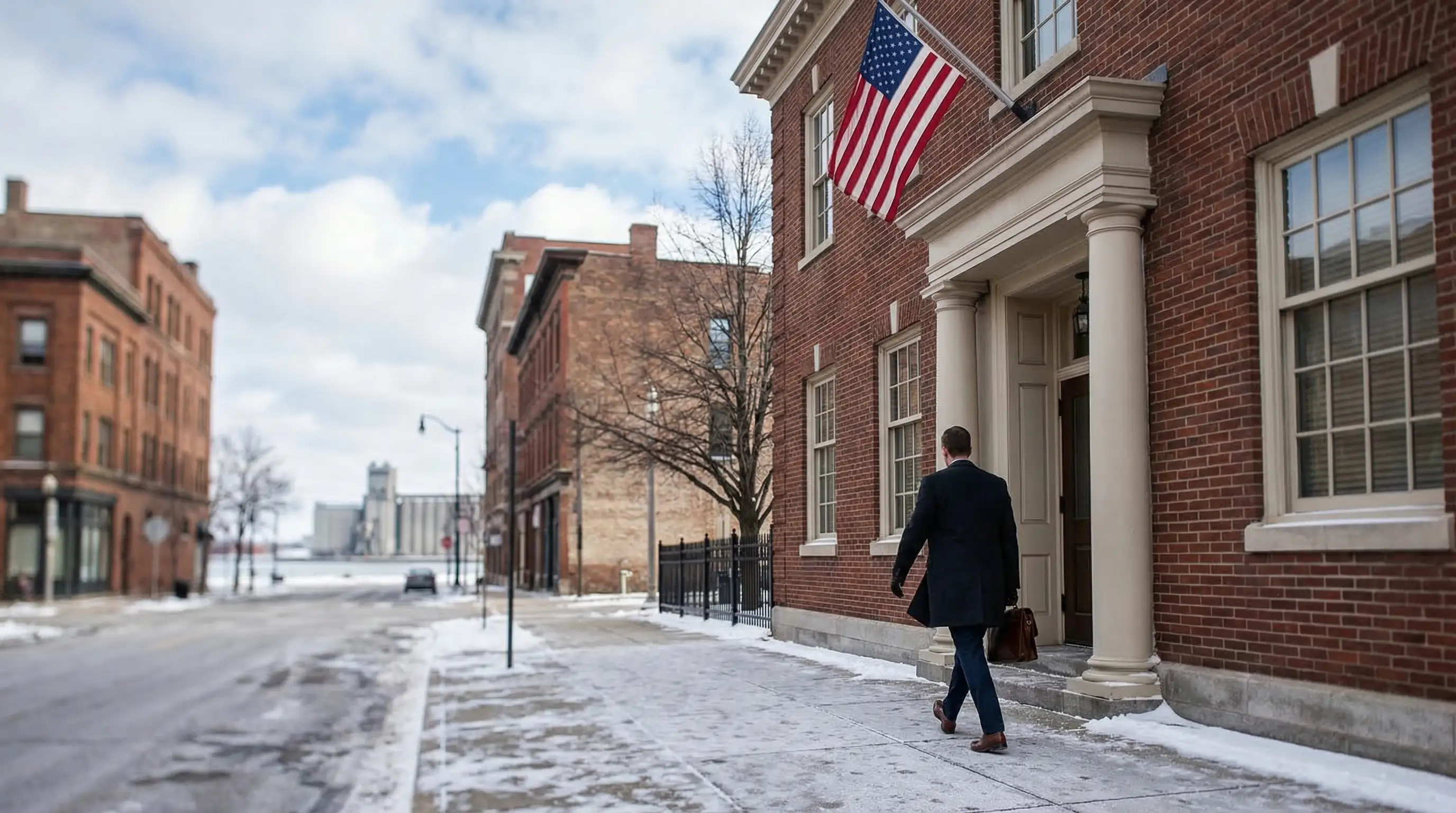 Buffalo attorney reviewing case documents at a desk near downtown Erie County Courthouse, NY