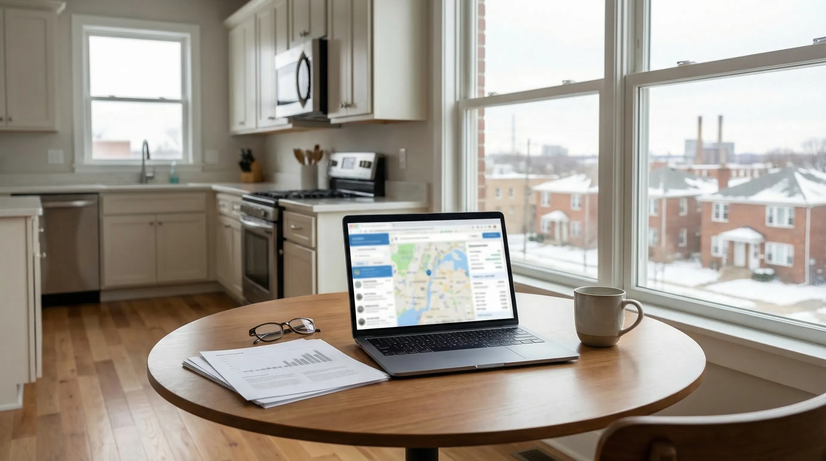 Real estate agent showing a pre-war brick Colonial Revival home to a young couple on a tree-lined street in Elmwood Village, Buffalo, NY