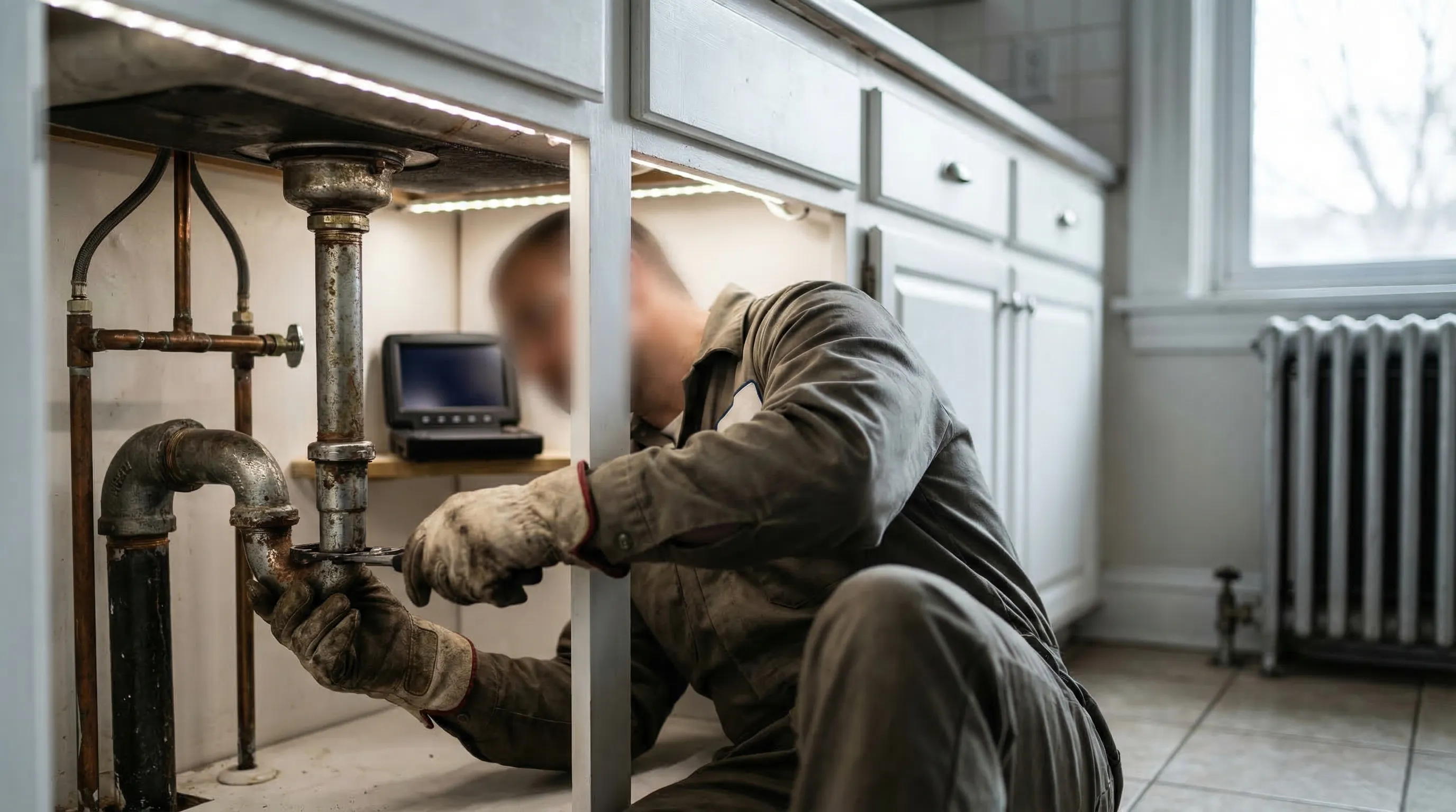Professional plumber servicing aging residential plumbing under a kitchen sink in a pre-war home in Buffalo, NY