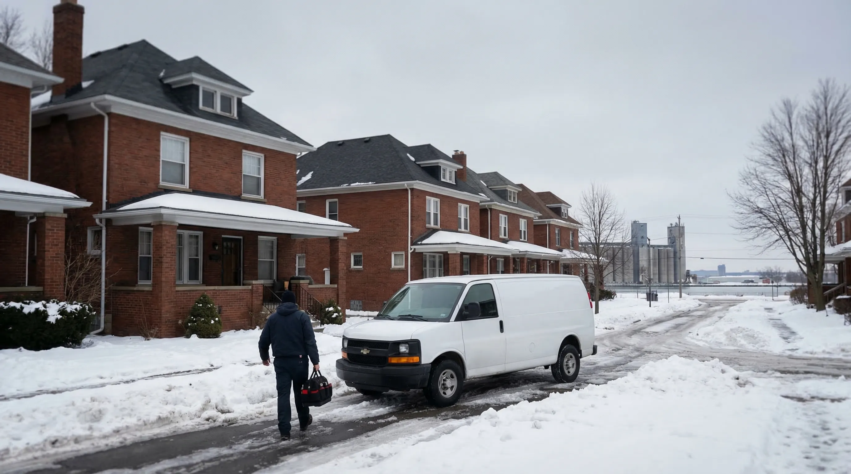 Professional plumber servicing aging residential plumbing under a kitchen sink in a pre-war home in Buffalo, NY