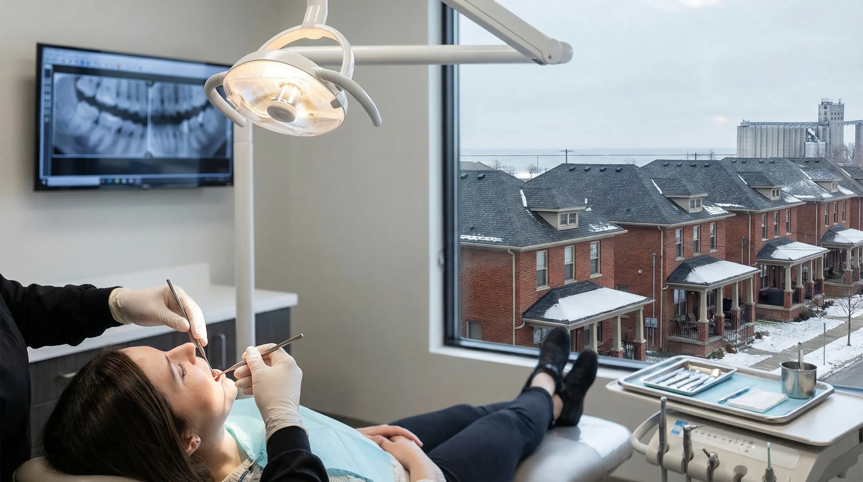 Professional dentist and patient consultation in a modern dental office in Buffalo, NY