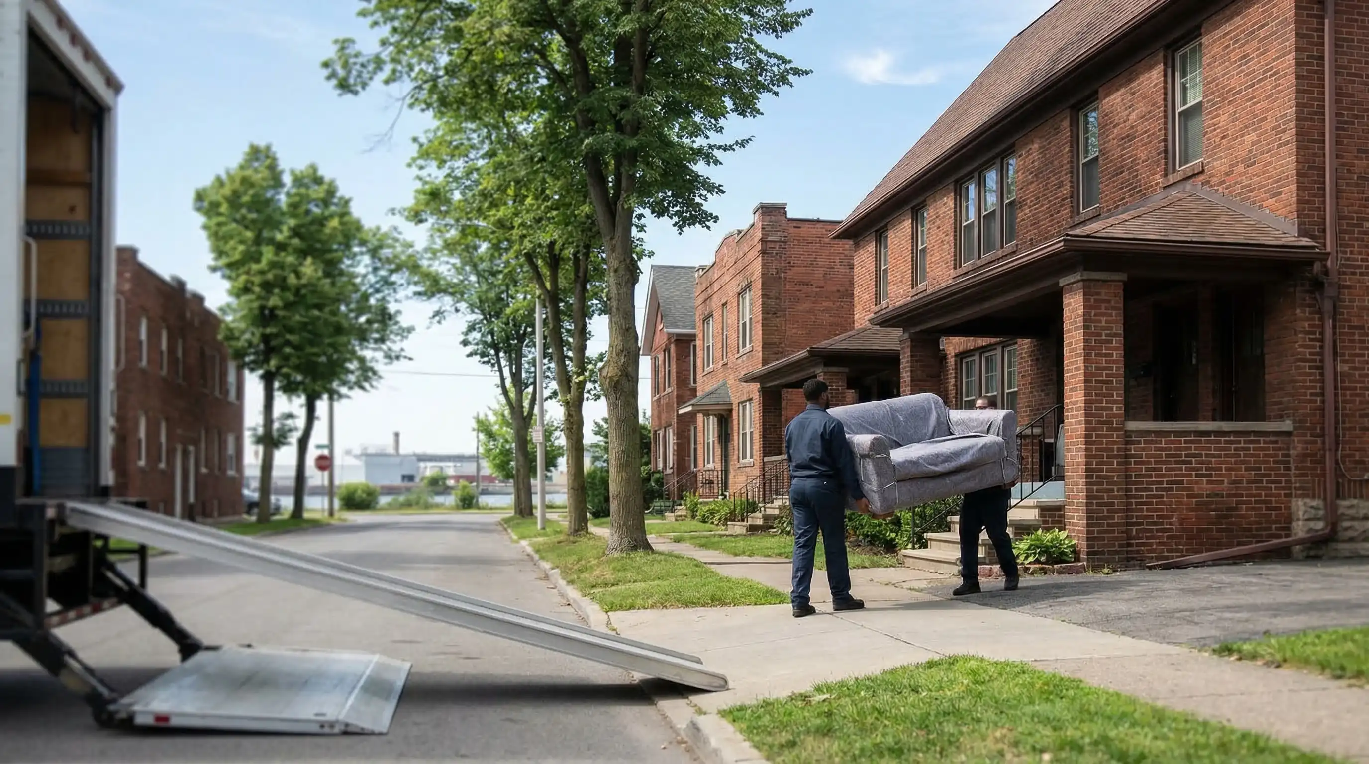 Professional movers carrying furniture out of a red-brick apartment building on a Buffalo residential street