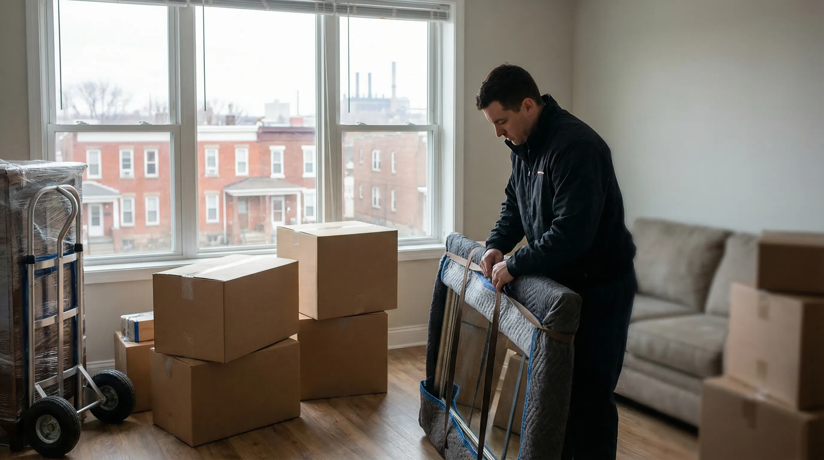 Professional movers carrying furniture out of a red-brick apartment building on a Buffalo residential street