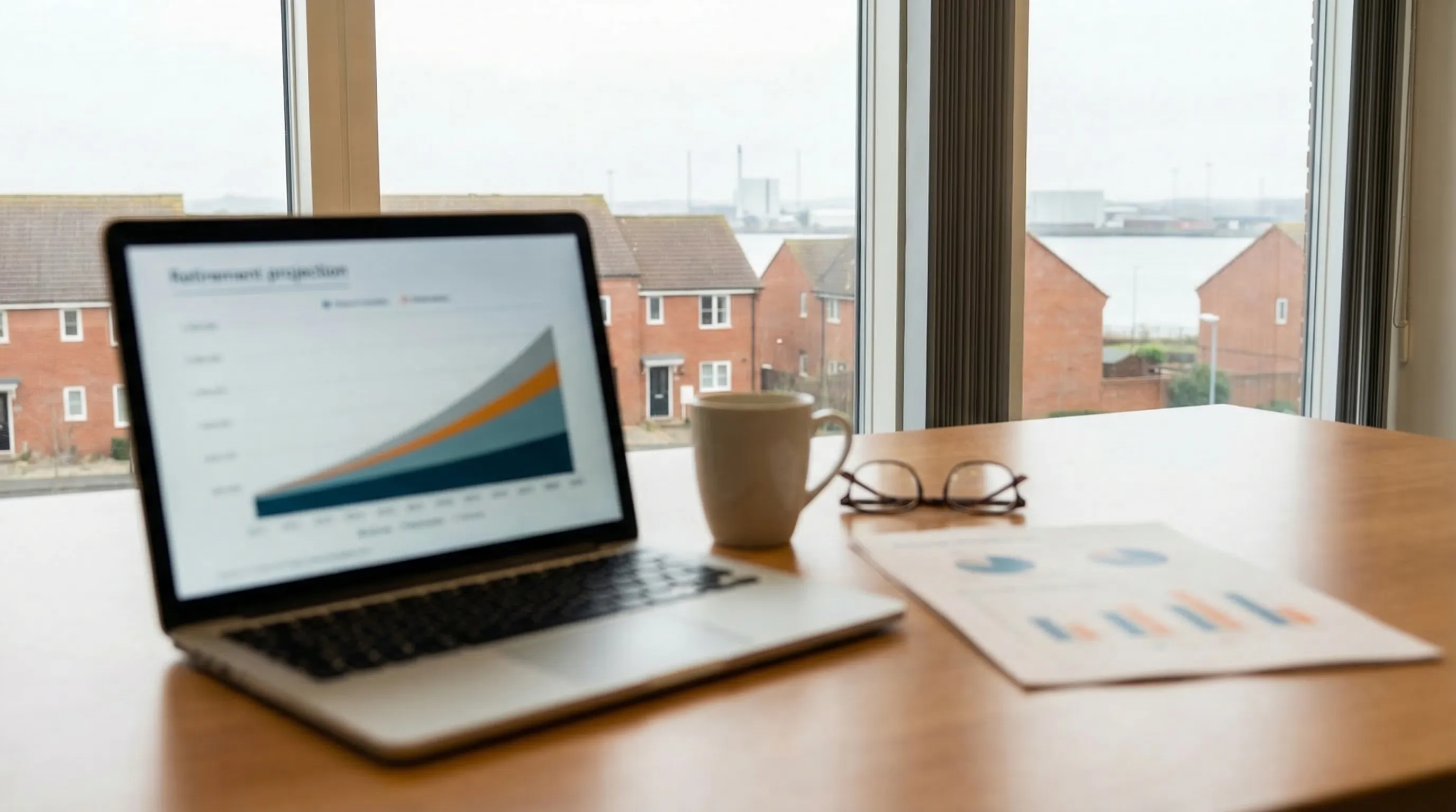 Financial advisor reviewing a retirement portfolio with clients in a professional office in Buffalo, NY