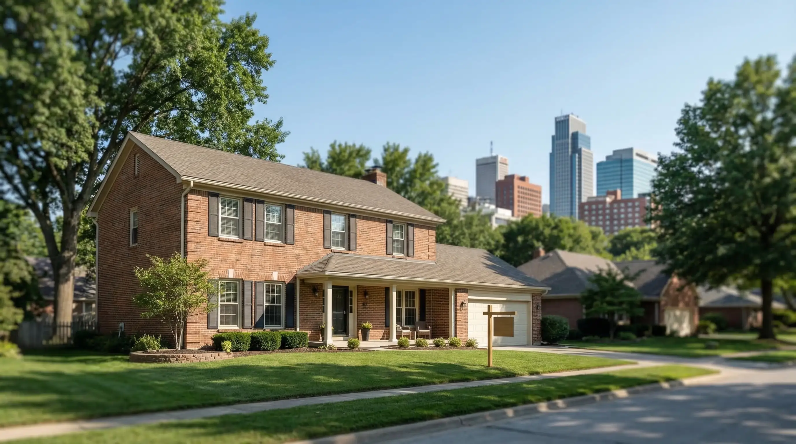 Professional real estate agent reviewing MLS listings at a modern desk in an Omaha, NE office with suburban roofscape visible through large windows