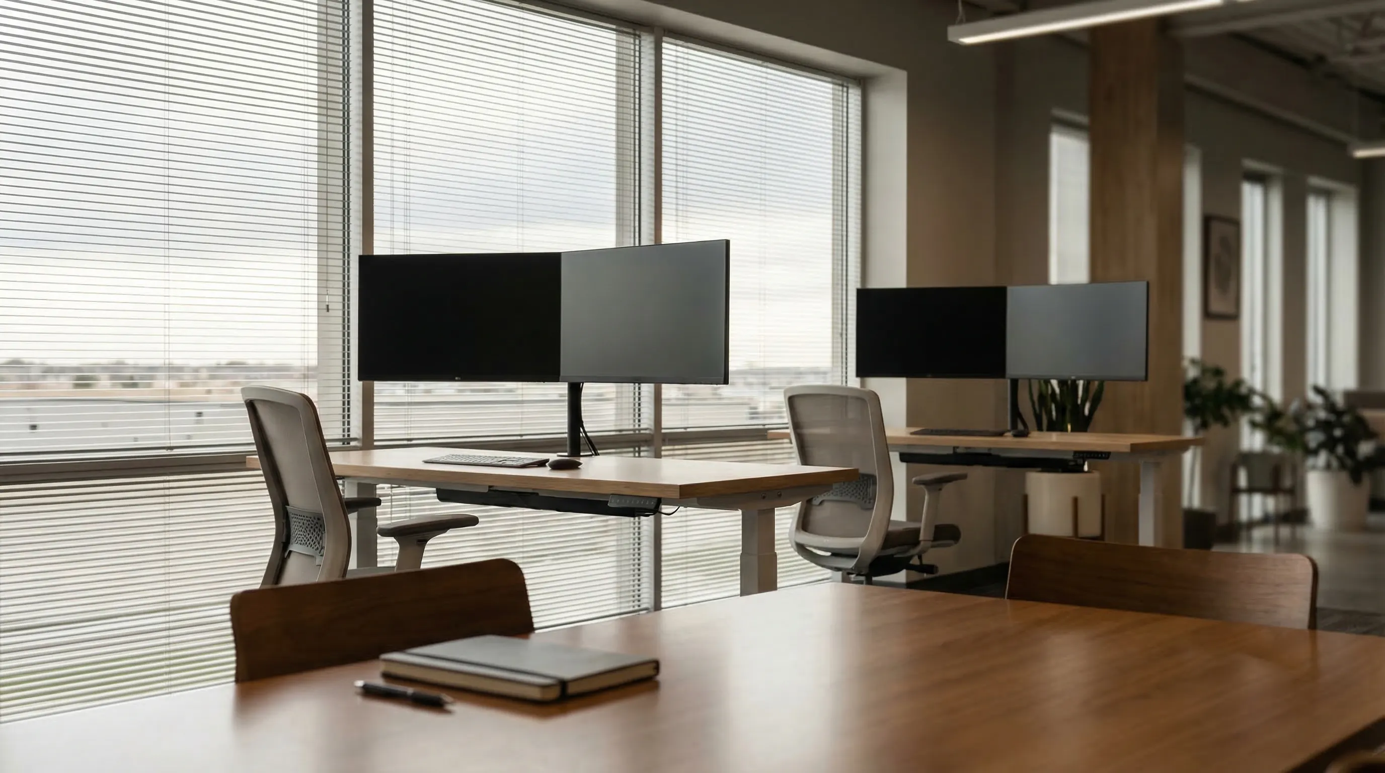 Professional real estate agent reviewing MLS listings at a modern desk in an Omaha, NE office with suburban roofscape visible through large windows