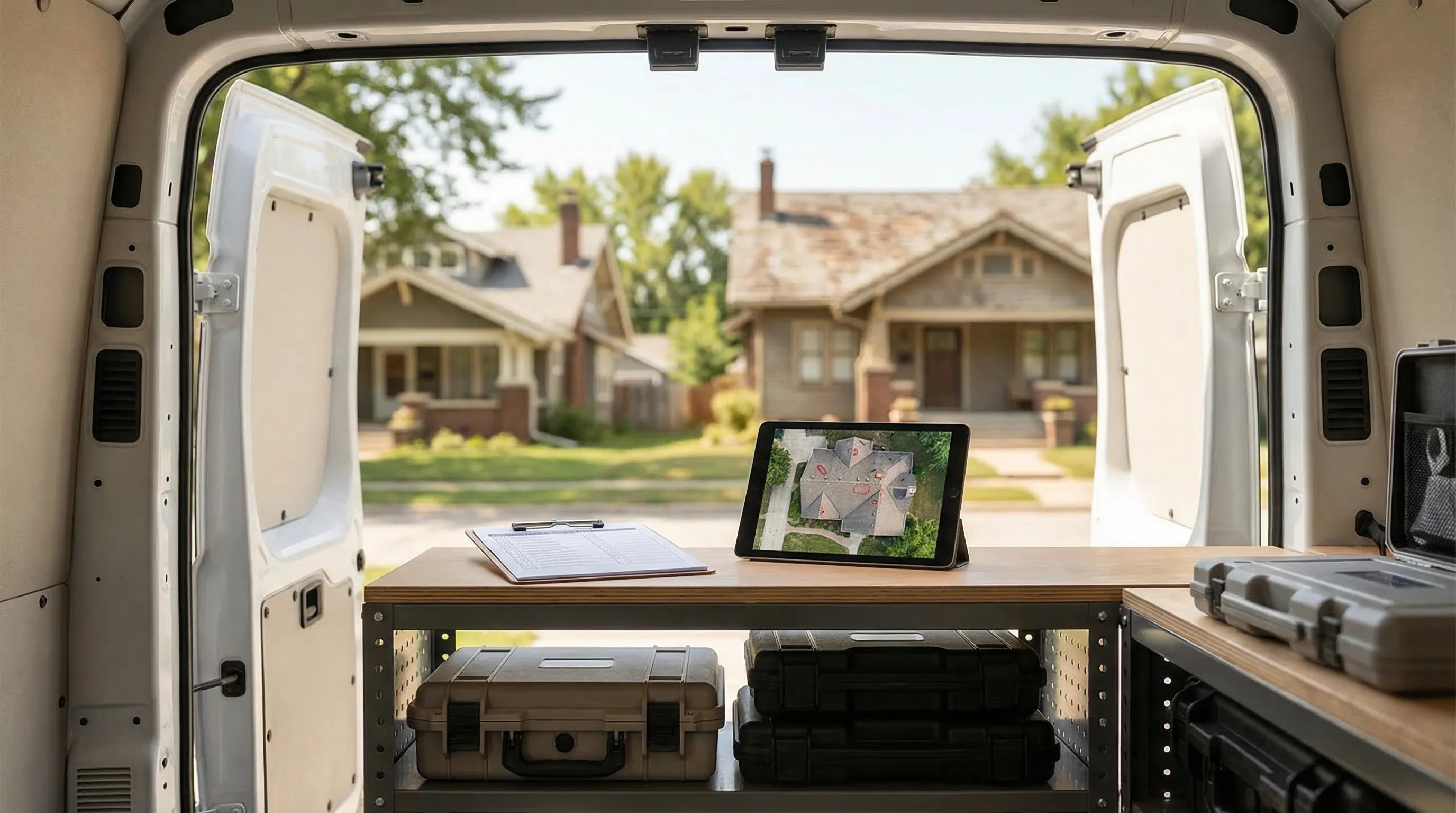 Professional roofing crew in safety gear inspecting a storm-damaged shingled roof on a suburban Omaha home under overcast Nebraska sky