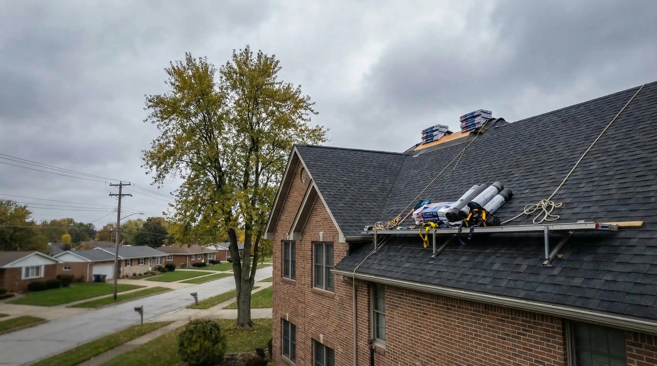 Professional roofing crew in safety gear inspecting a storm-damaged shingled roof on a suburban Omaha home under overcast Nebraska sky