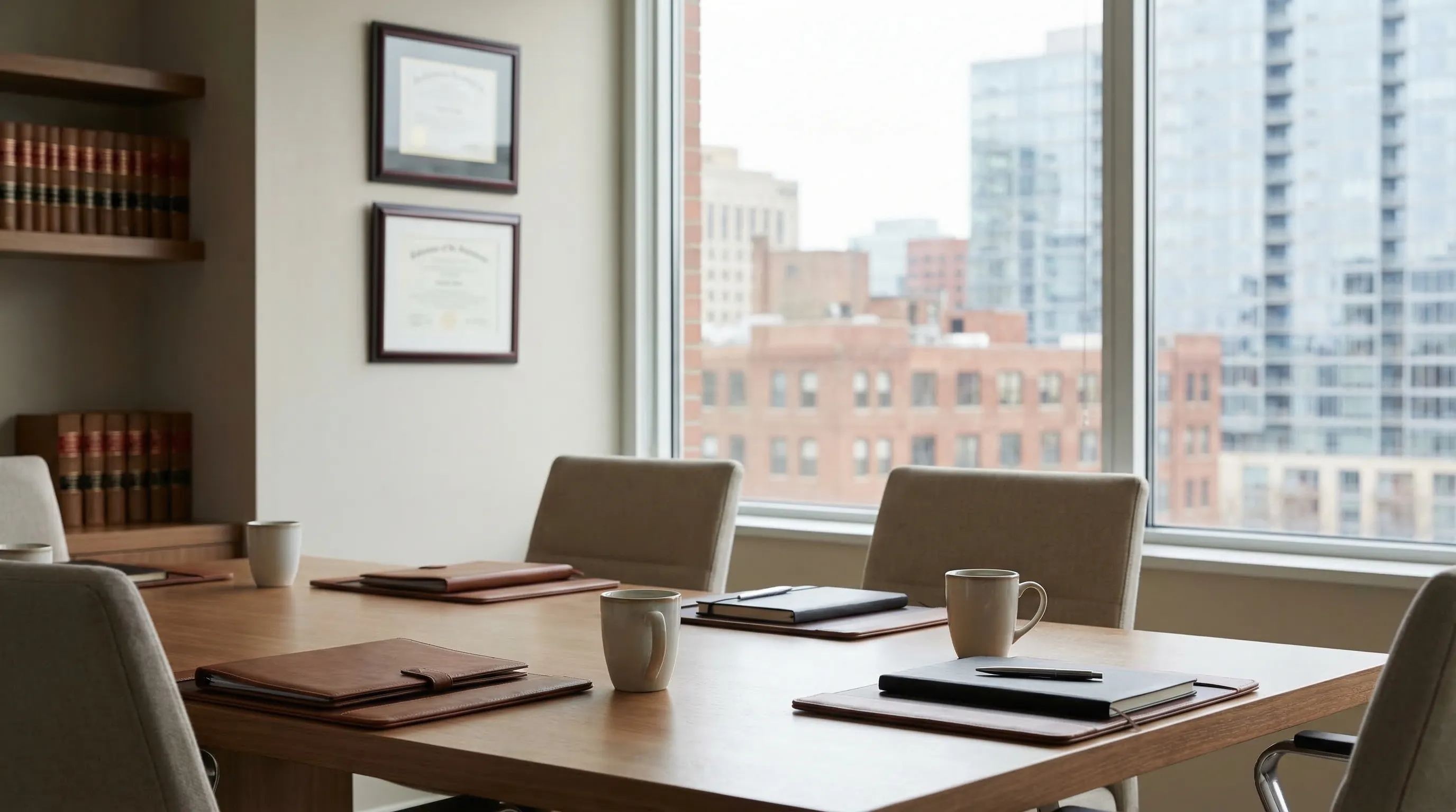 Professional law office consultation room with attorney and clients in Omaha, NE