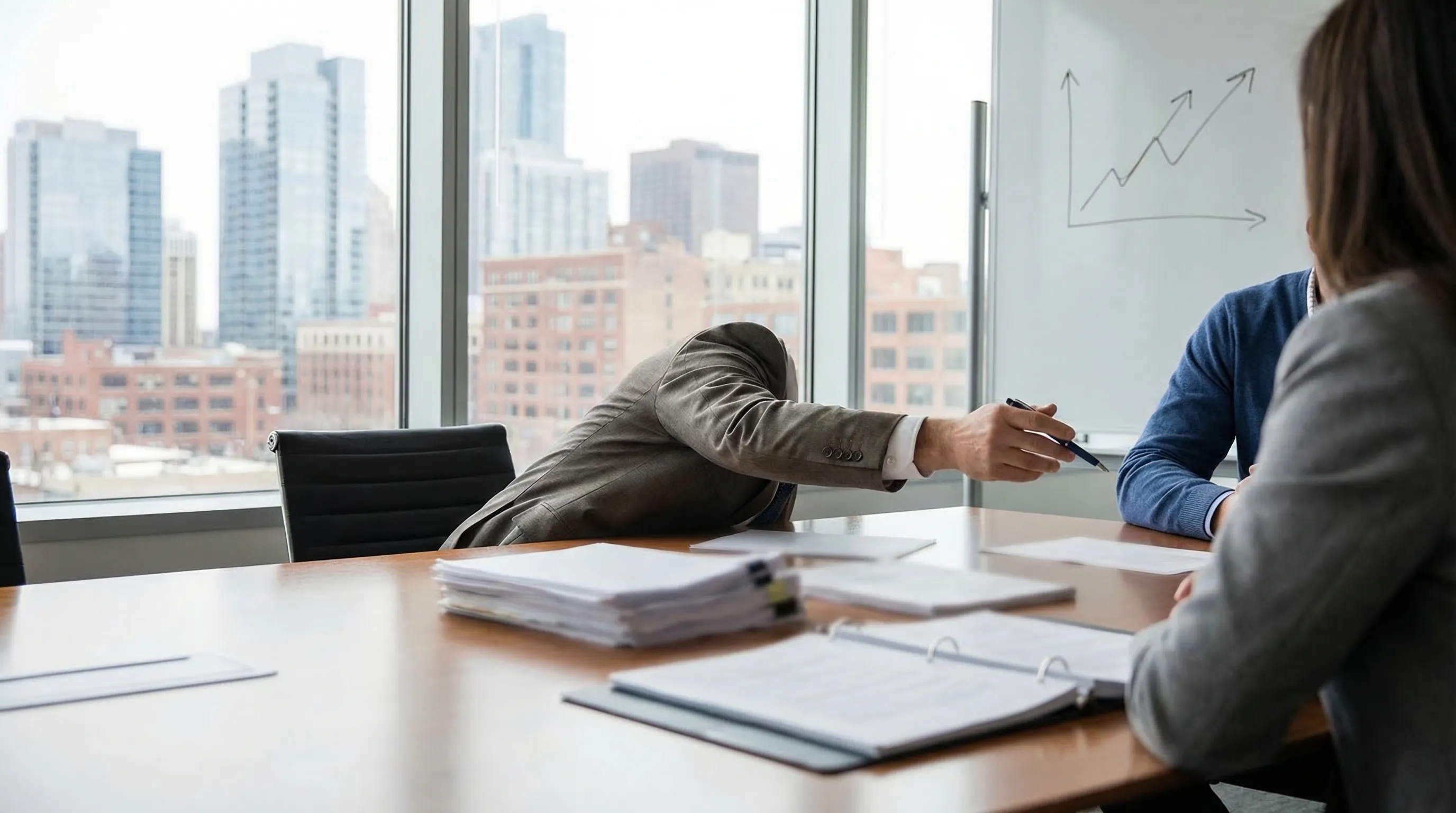 Financial advisor reviewing retirement planning charts with clients in modern Omaha office with city skyline view