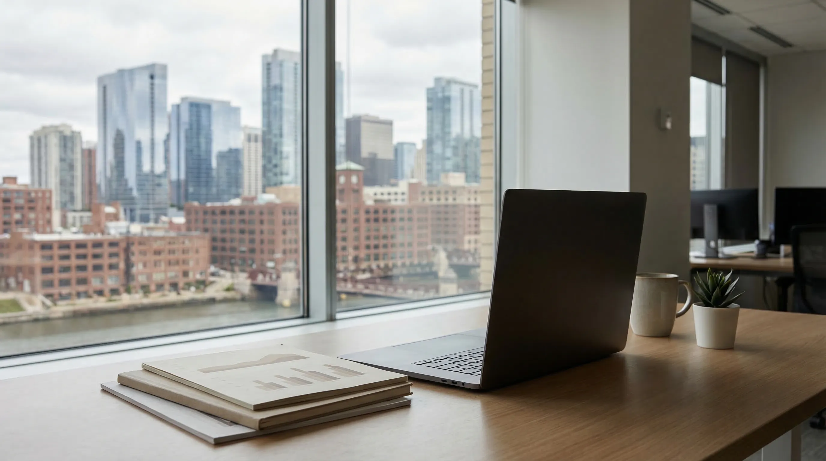 Financial advisor reviewing retirement planning charts with clients in modern Omaha office with city skyline view